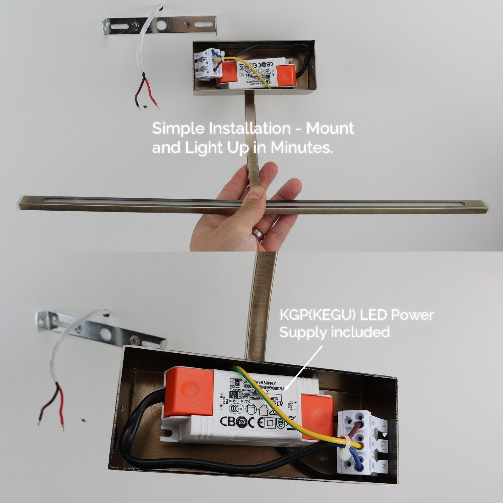 Instalación de luminaria LED. Una mano sostiene el componente de luz. Se muestra la fuente de alimentación.