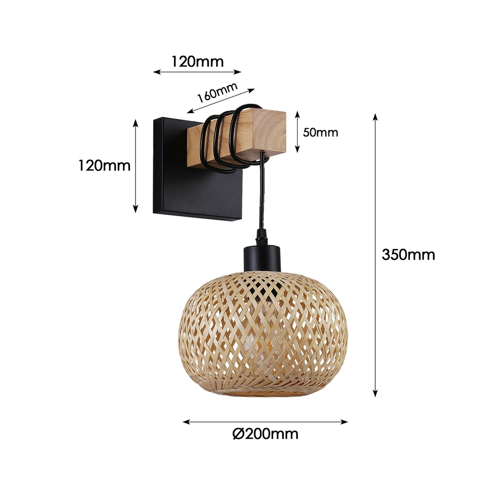 Una lámpara de pared con dimensiones, que muestra una pantalla de bambú tejido, un soporte negro y elementos de madera.