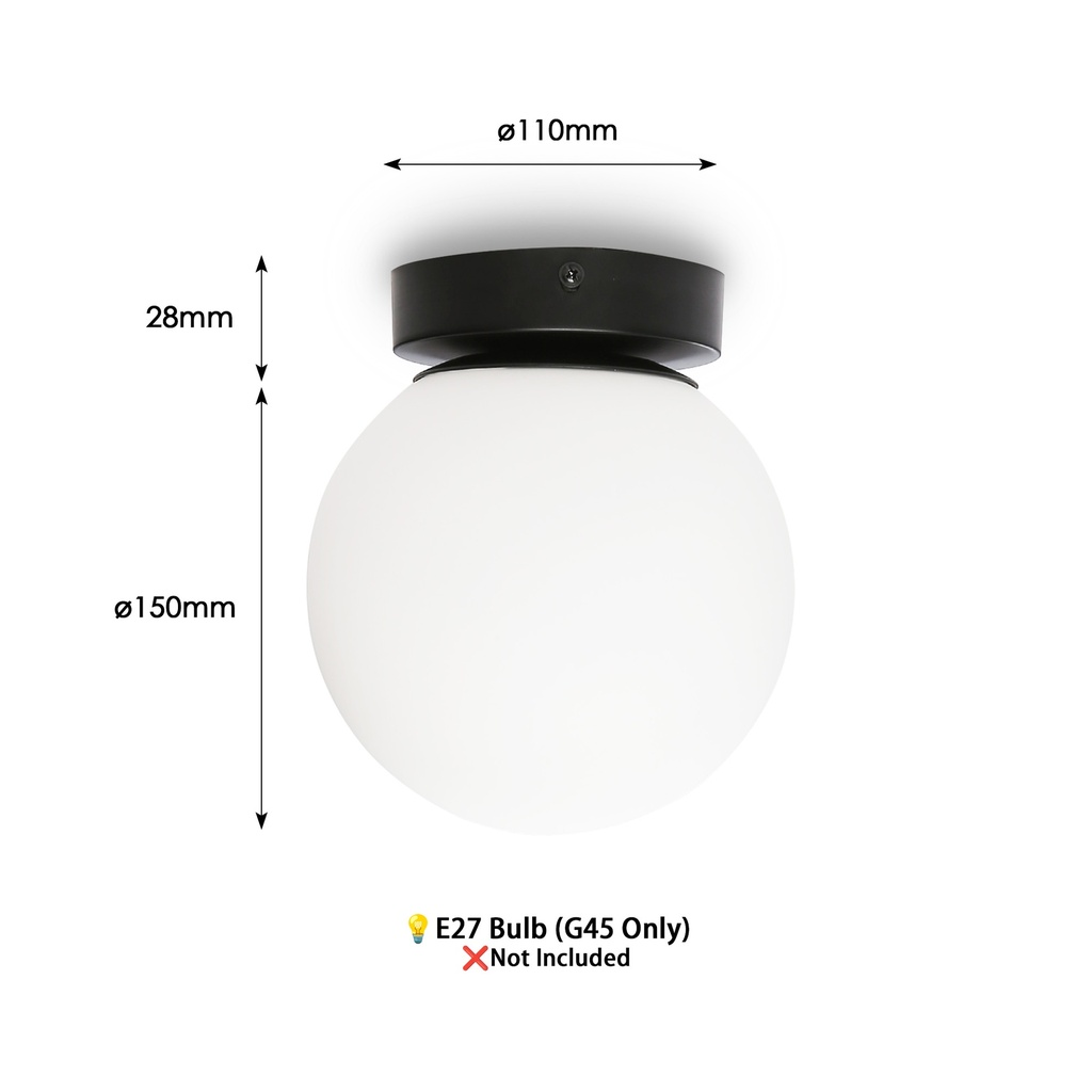 Una luz de globo blanco con base negra, mostrada con dimensiones y detalles del método de instalación.