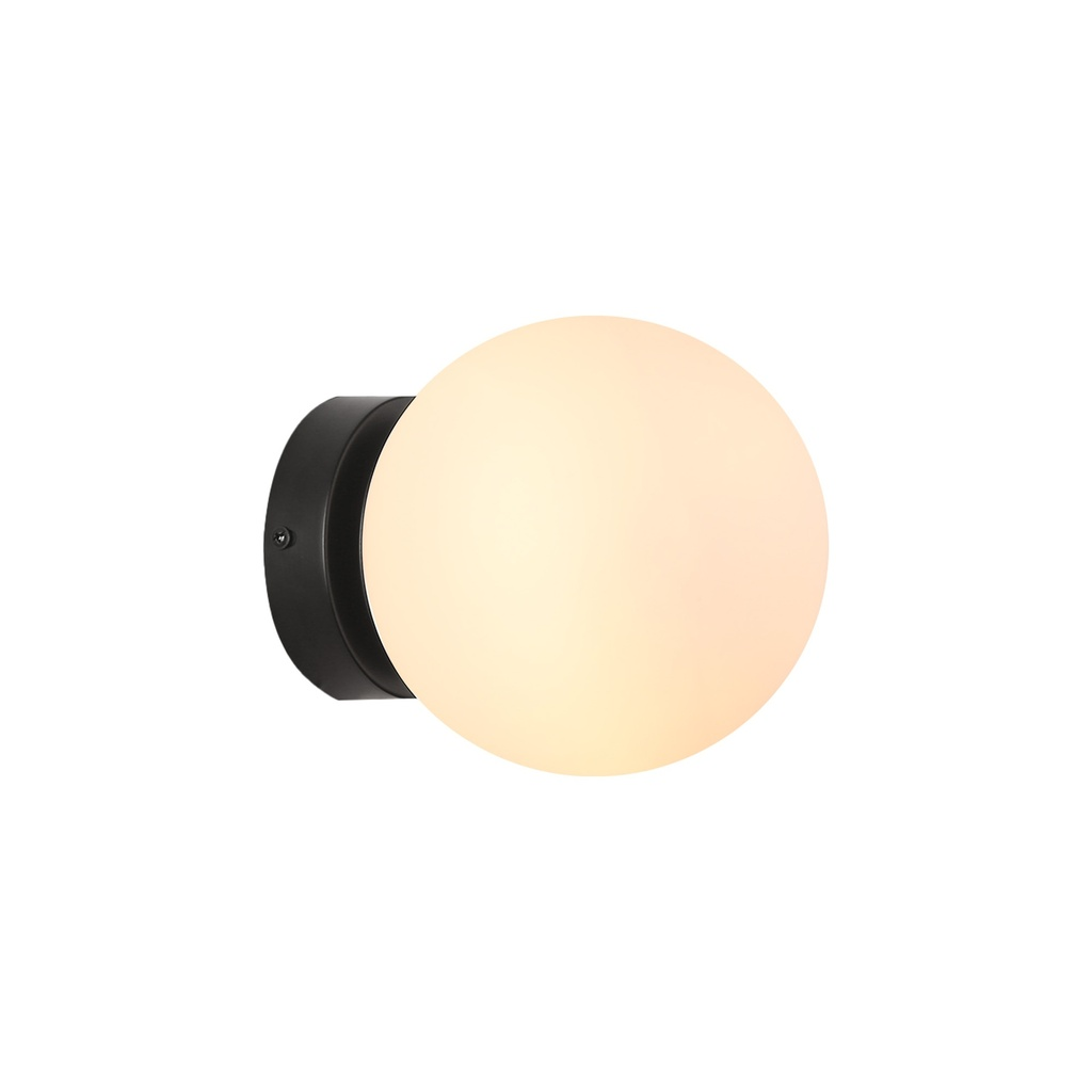 Un aplique de luz de globo blanco con base negra, visto desde arriba.