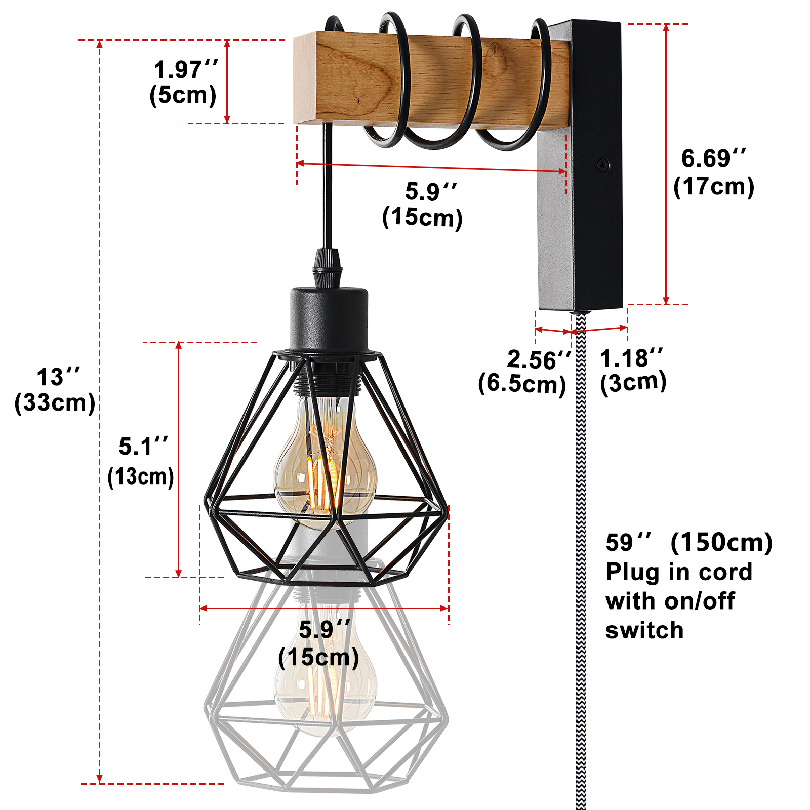Una lámpara de pared negra tipo jaula con dimensiones, una viga de madera y un cable enchufable.