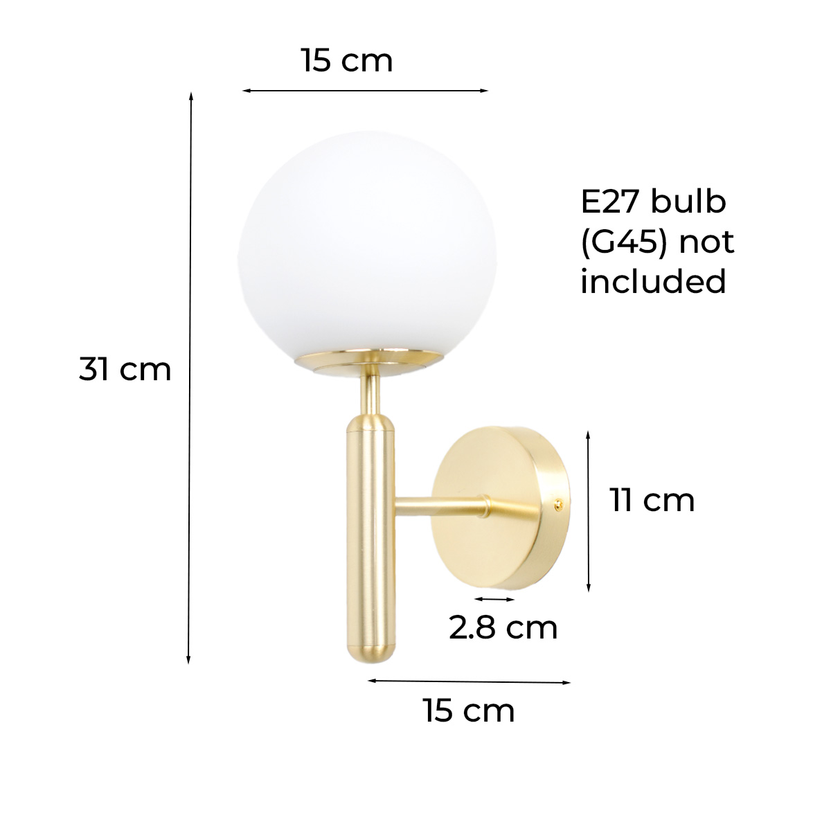 Una lámpara de pared con dimensiones. Muestra una lámpara dorada y una bombilla blanca.