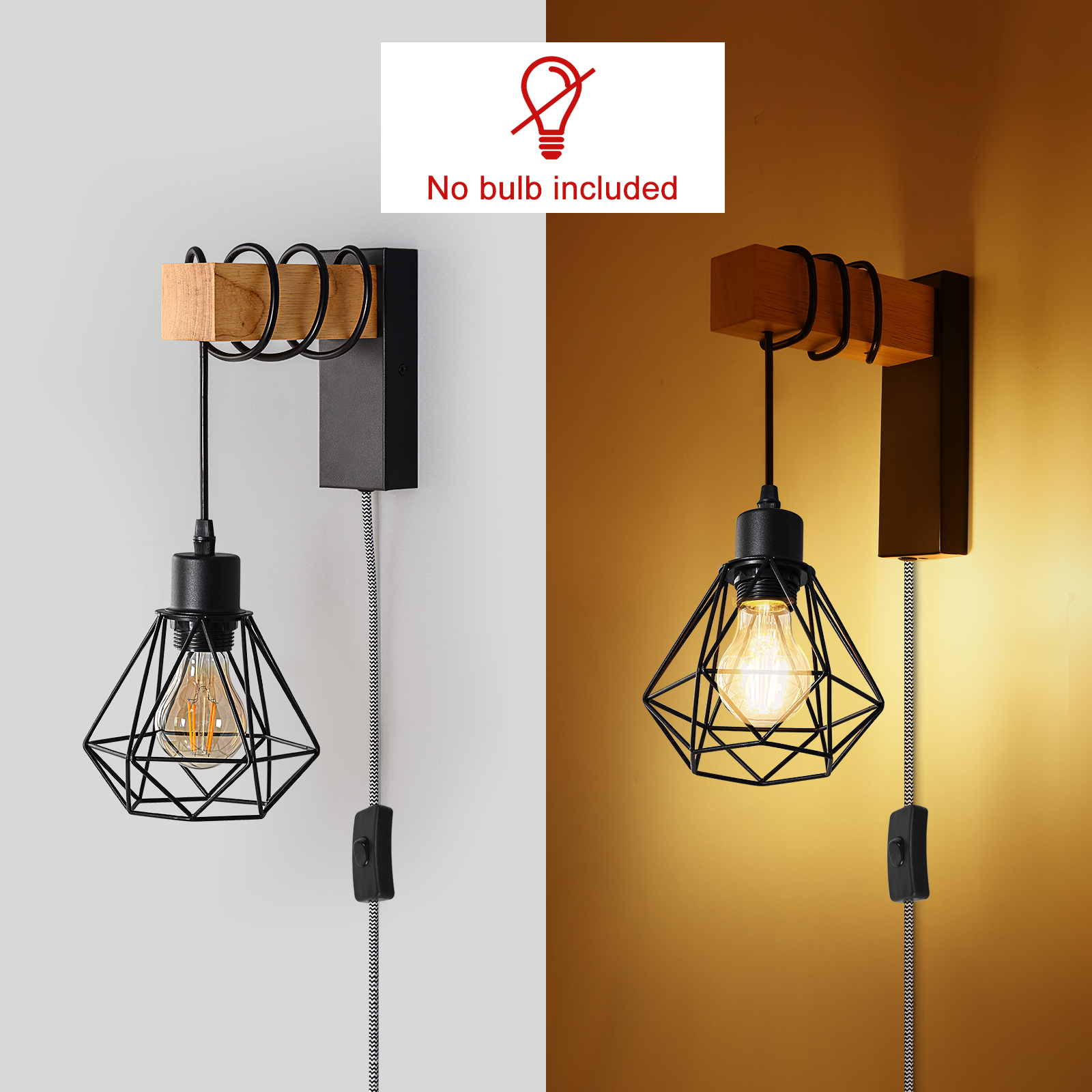 Dos lámparas de pared. Una apagada, la otra encendida, mostrando un diseño negro tipo jaula y una viga de madera.