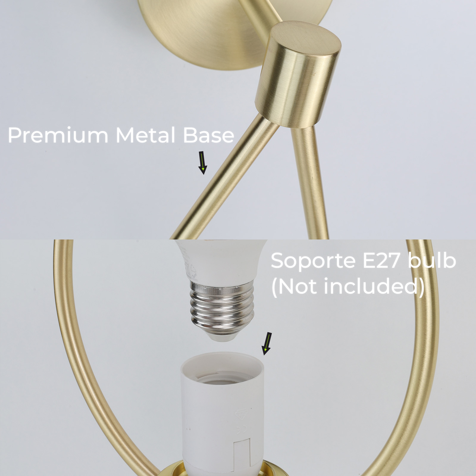 Primer plano de la base de metal dorado de una lámpara de pared y el casquillo E27, sin bombilla.