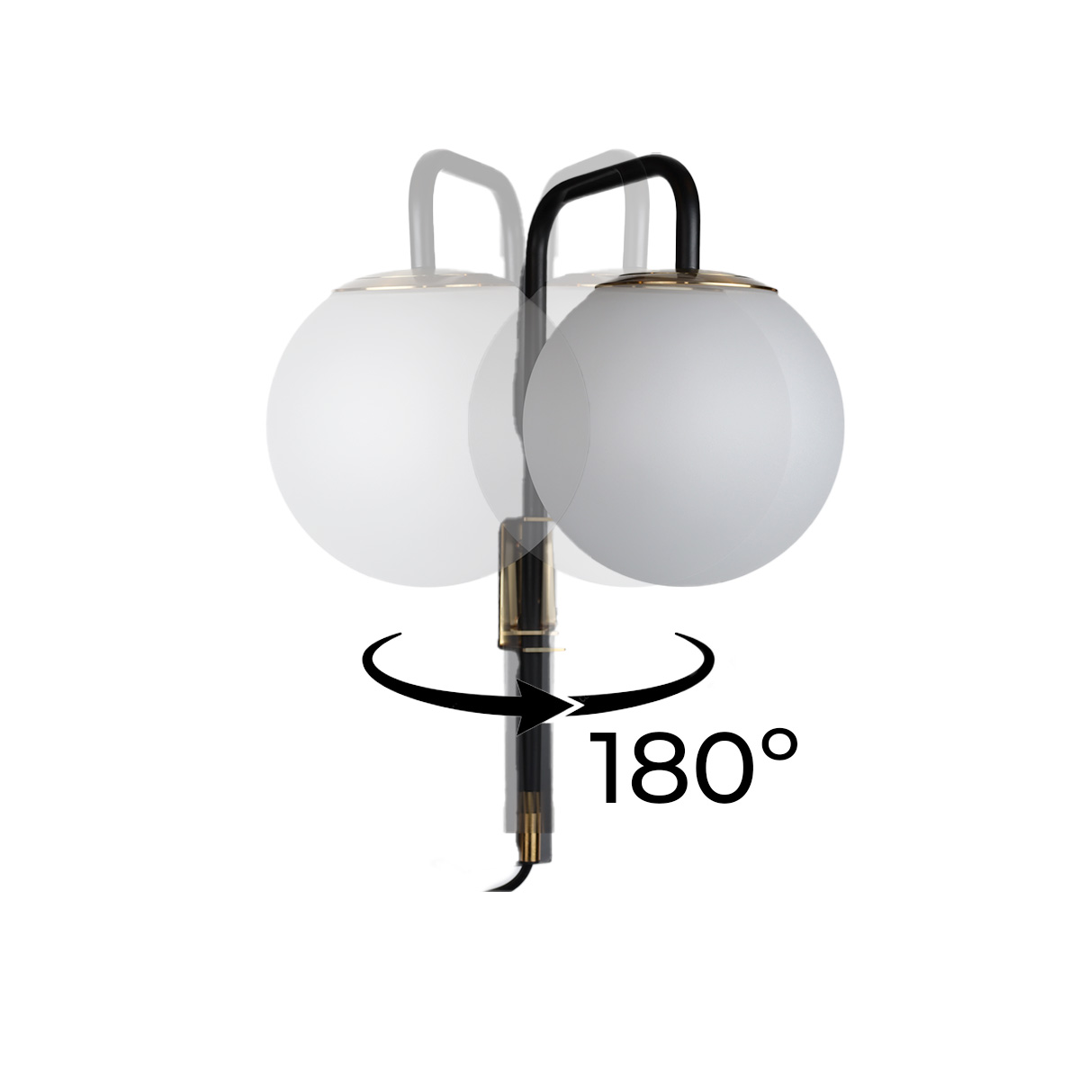 Una lámpara de pared moderna con un globo blanco, que gira 180 grados. La lámpara está sobre fondo blanco.