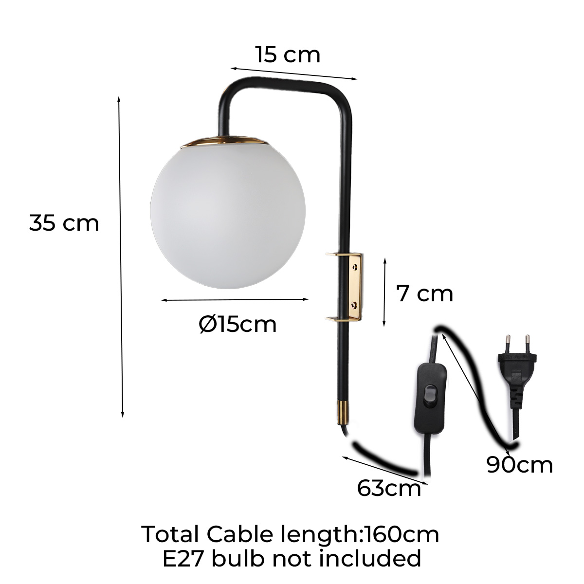 Una lámpara de pared con brazo negro y globo blanco, dimensiones etiquetadas. Tiene un interruptor y un enchufe.