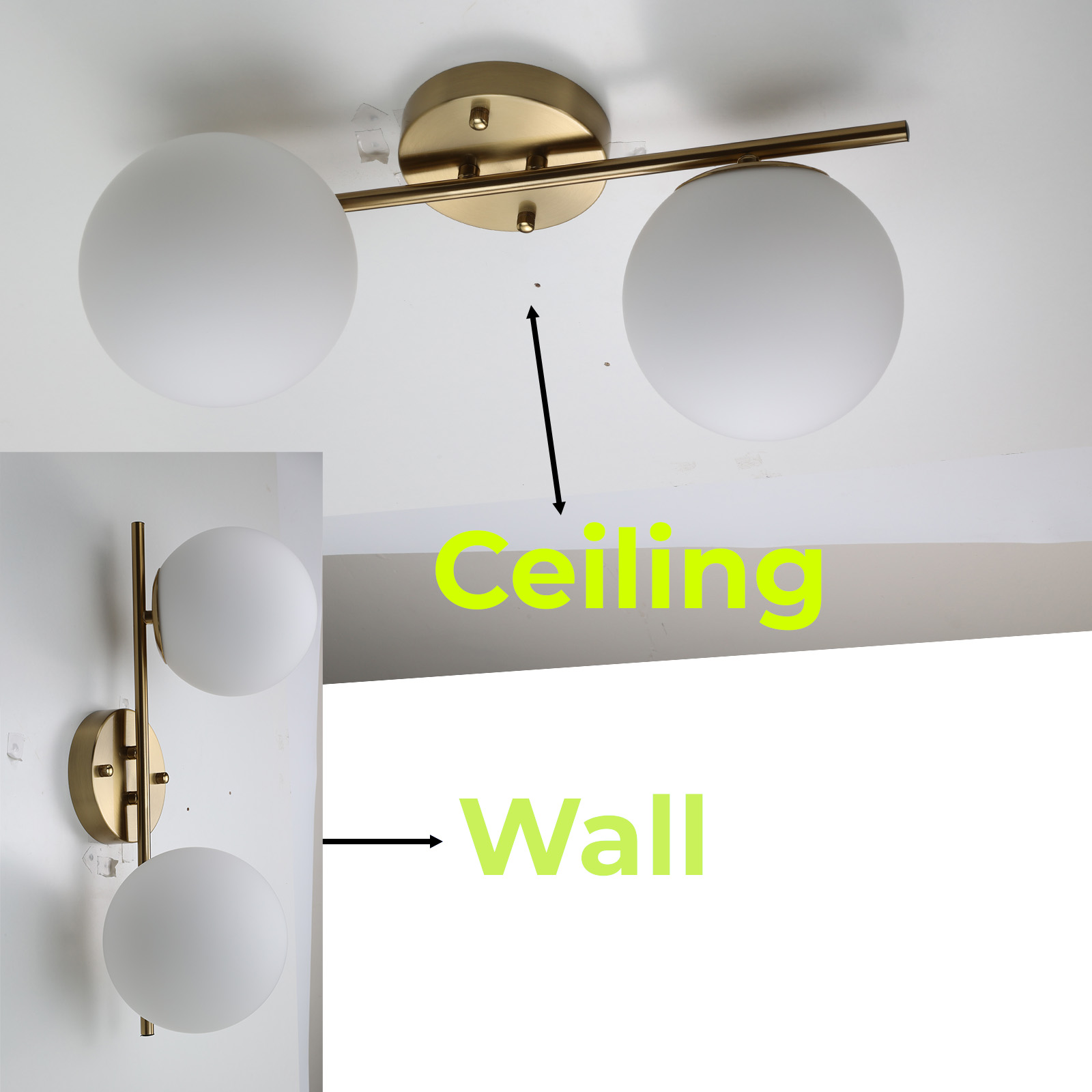 Una lámpara de pared con dos lámparas globo blancas, montadas en un techo y una pared. El texto indica ‘Techo’ y ‘Pared’.