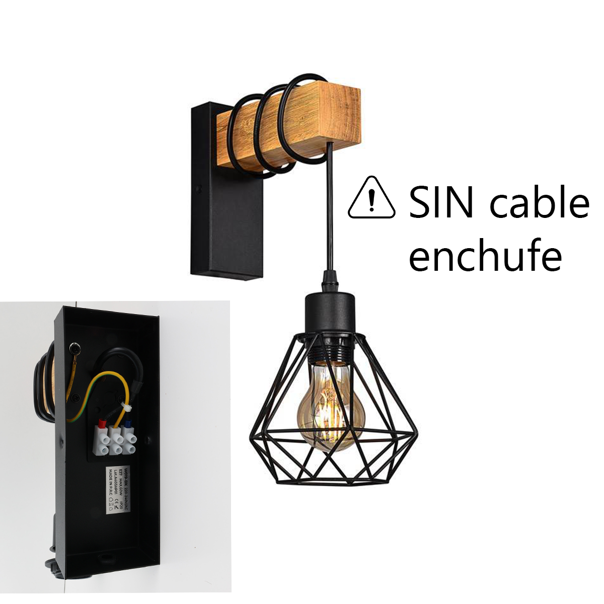 Una lámpara de pared con una viga de madera, un marco negro y una bombilla. La lámpara está etiquetada como 'SIN cable enchufe'.