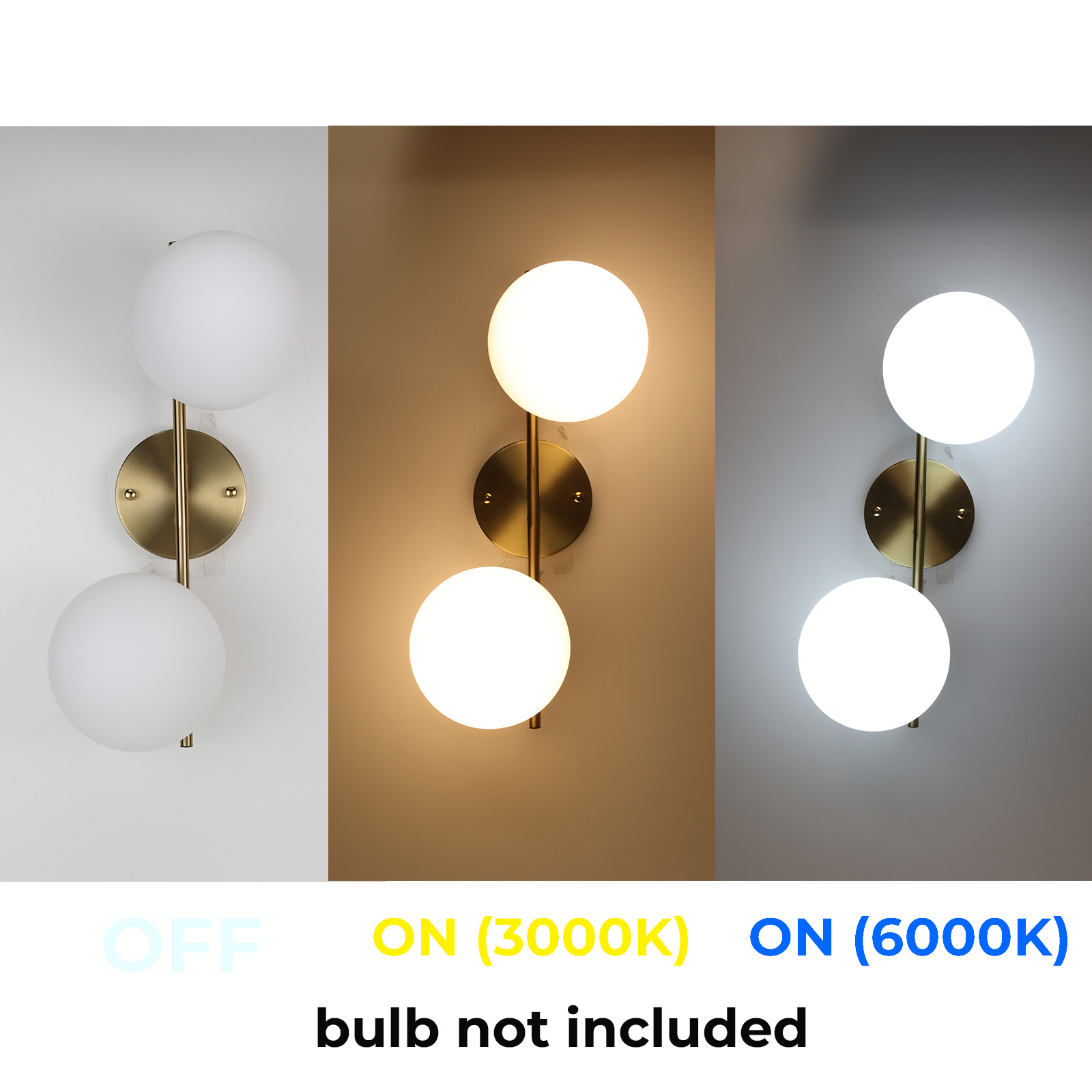 Tres imágenes que muestran la lámpara de pared con diferentes configuraciones de luz: apagada, encendida (3000K) y encendida (6000K). Bombilla no incluida.