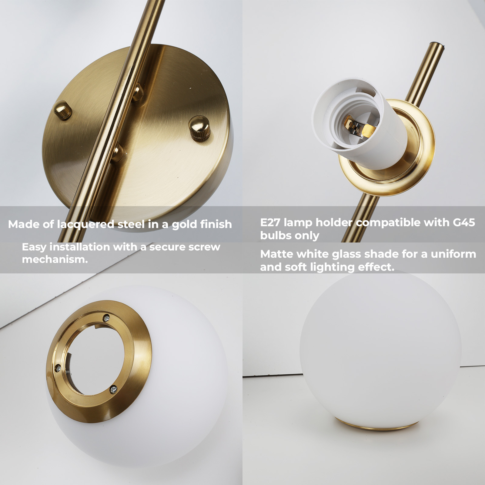 Primeros planos de una lámpara de pared dorada que muestra una base circular, un vástago y una lámpara de globo blanca. Texto describe características.