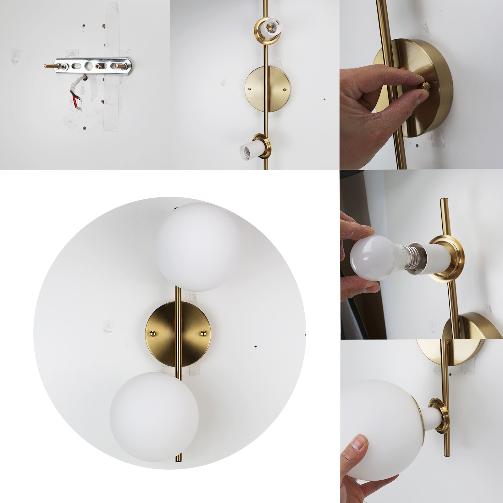 Imágenes que muestran los pasos de instalación de una lámpara de pared con base circular, vástago y lámparas de globo blancas. Varios primeros planos.