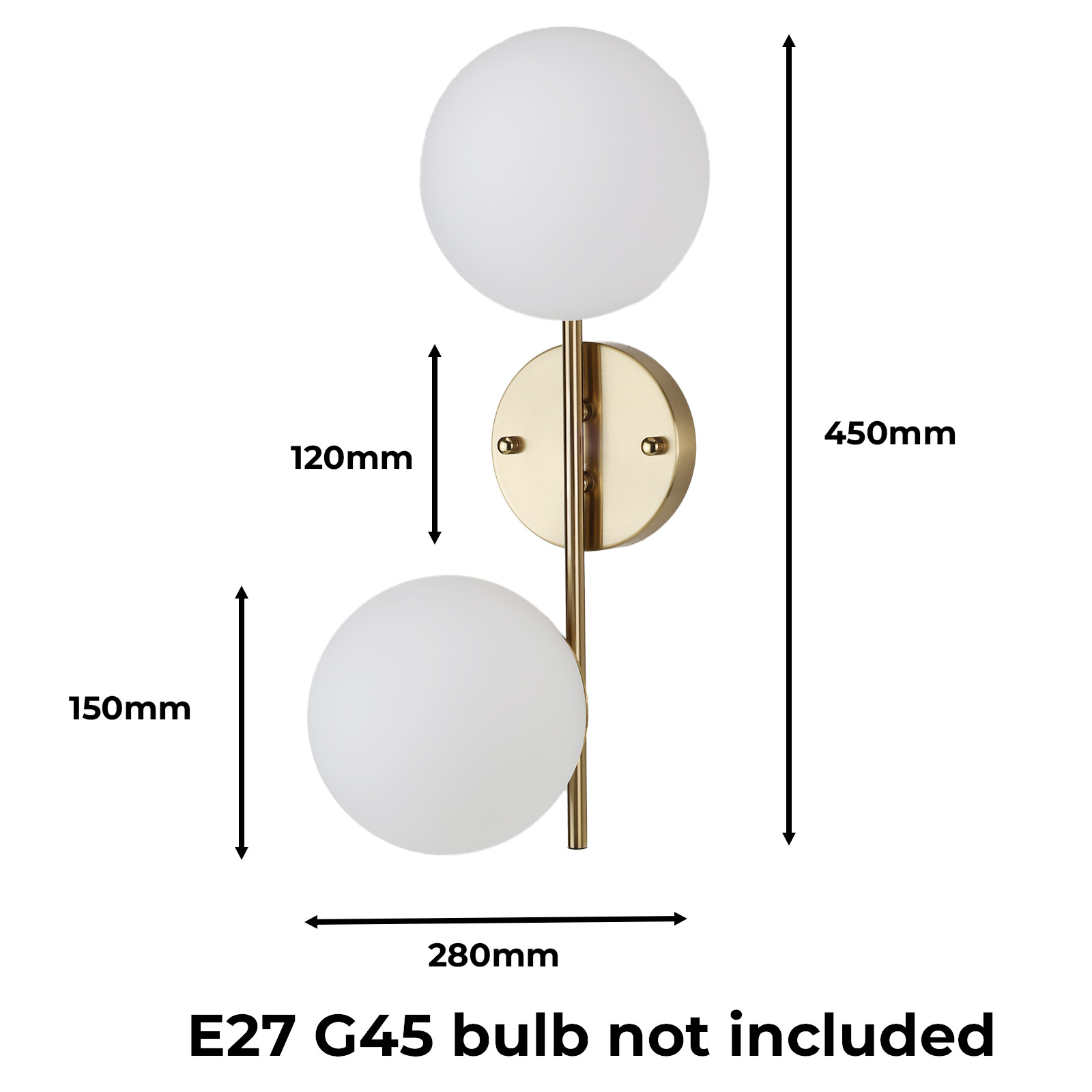 Una lámpara de pared blanca con dos lámparas de globo blancas. Se enumeran las dimensiones: 120 mm, 150 mm, 280 mm y 450 mm. Bombilla no incluida.