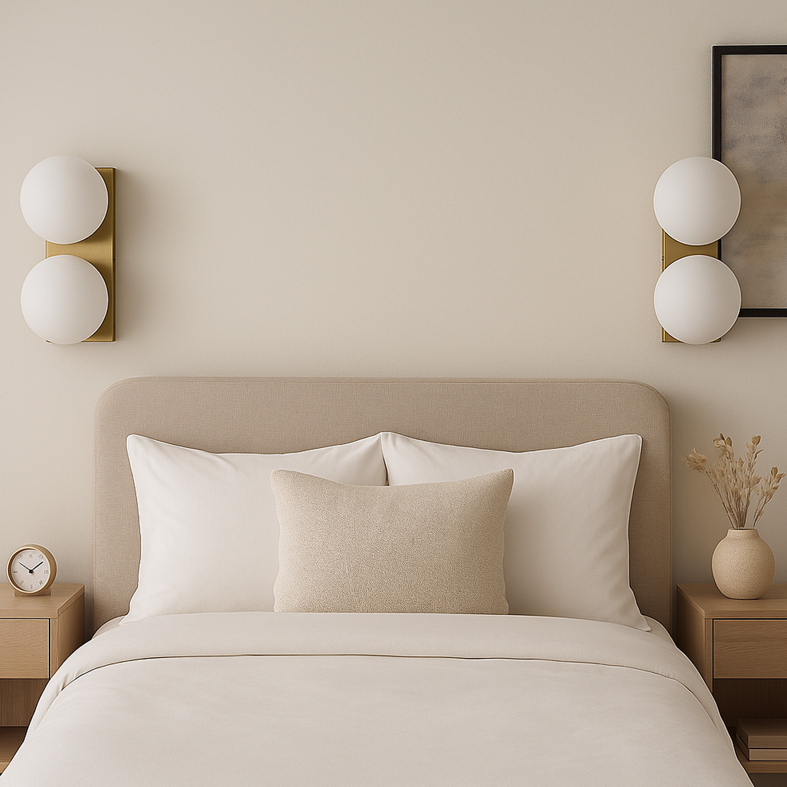 Una escena de dormitorio con dos lámparas de pared doradas con luces de globo blancas a ambos lados de la cama.