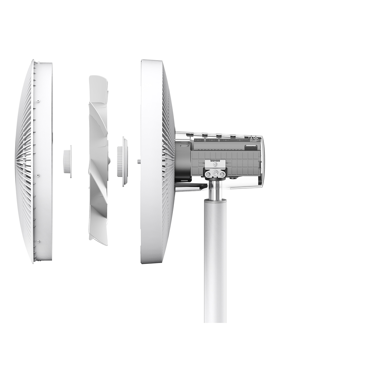 Widok rozstrzelony białego wentylatora, pokazujący łopatki, silnik i obudowę zewnętrzną, wszystko na białym tle.