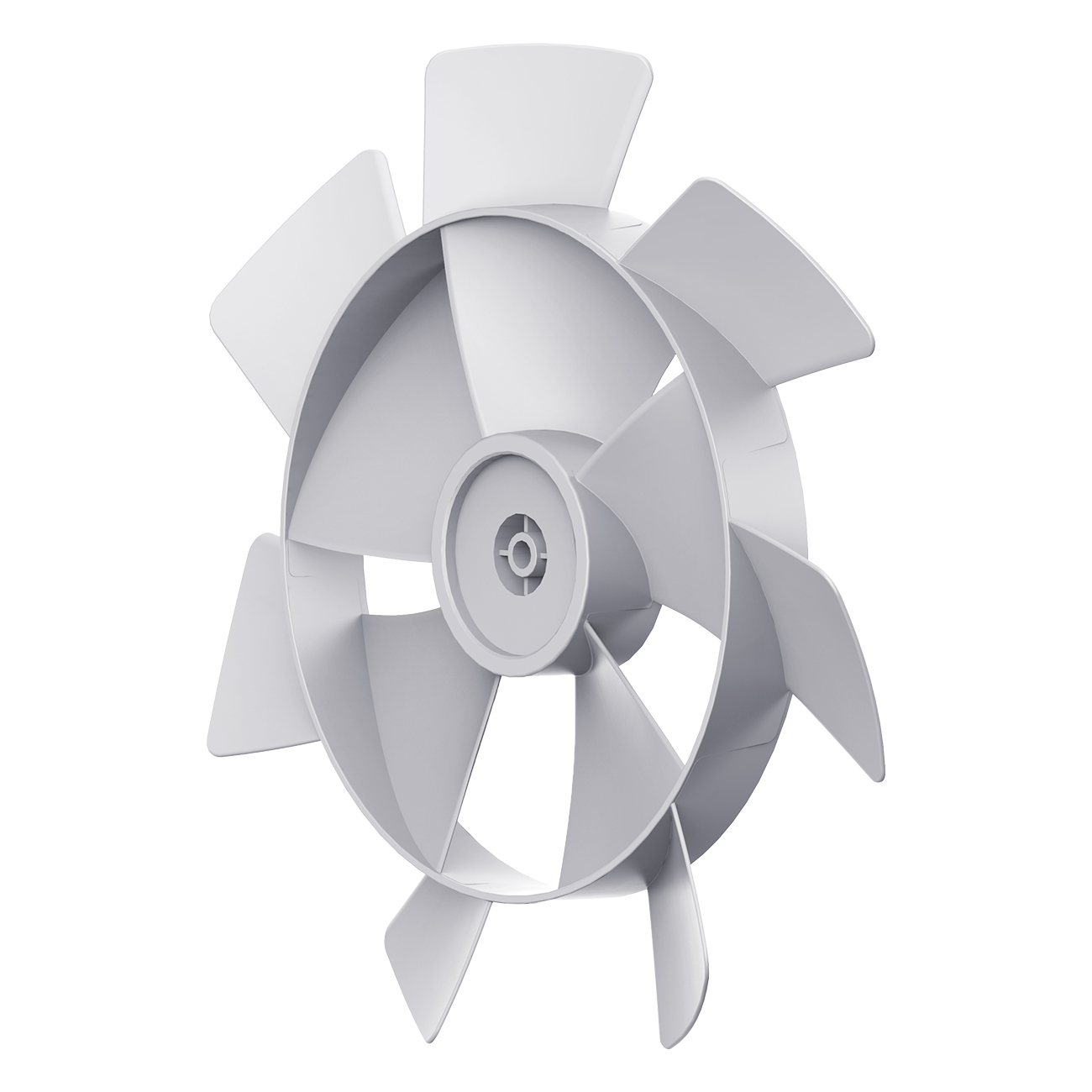 Biały wirnik wentylatora z ośmioma łopatkami na białym tle. Łopatki wentylatora są pochylone.