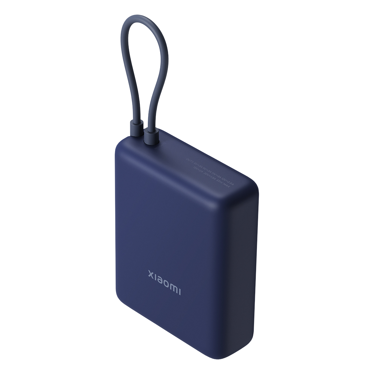 Granatowy power bank z pętlą, marka Xiaomi, na białym tle.
