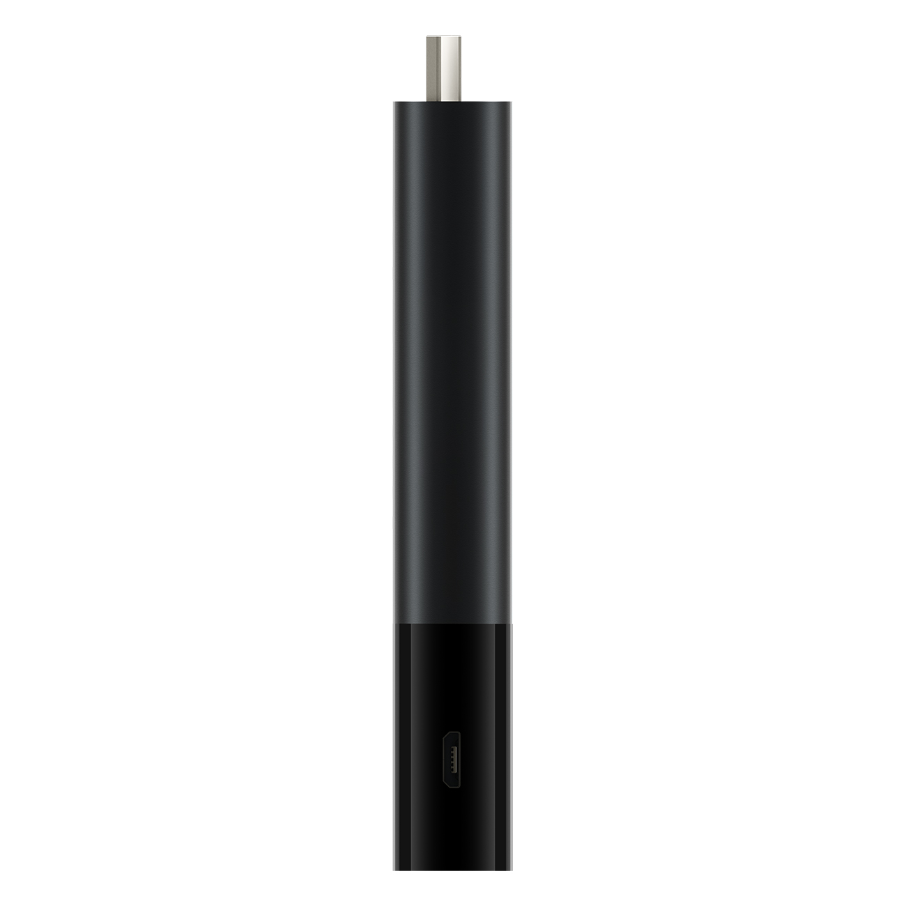 Un dispositivo de transmisión multimedia cilíndrico negro con un conector USB, sobre un fondo blanco.