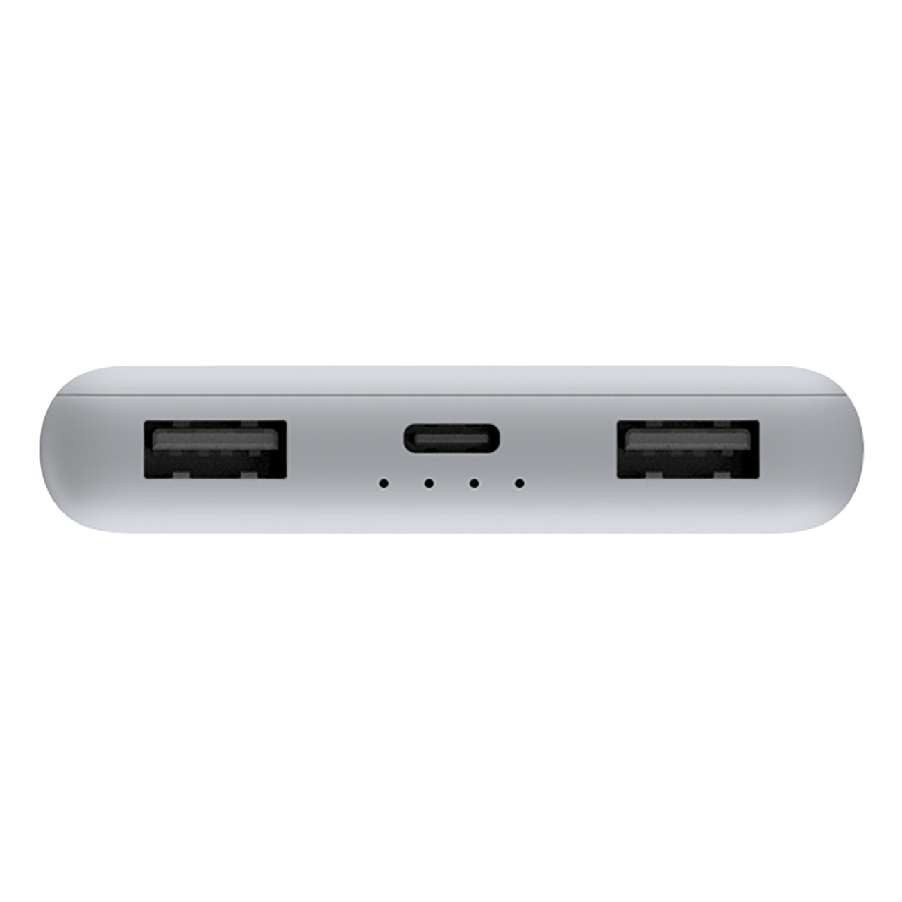 Widok z góry srebrnego power banku, z dwoma portami USB i portem USB-C, a także trzema małymi lampkami kontrolnymi.
