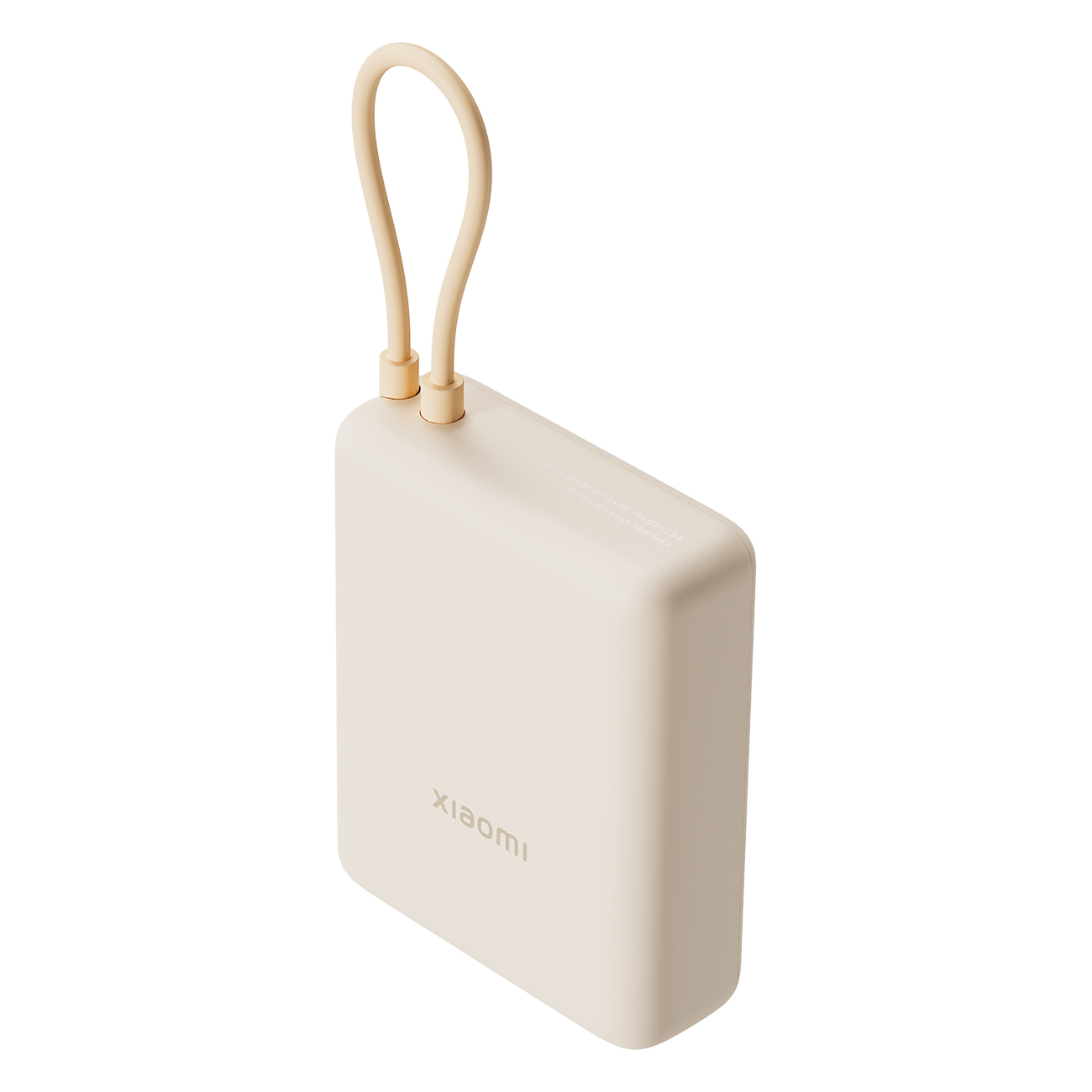 Beżowy power bank z beżowym uchwytem pętelkowym, marką Xiaomi z przodu.
