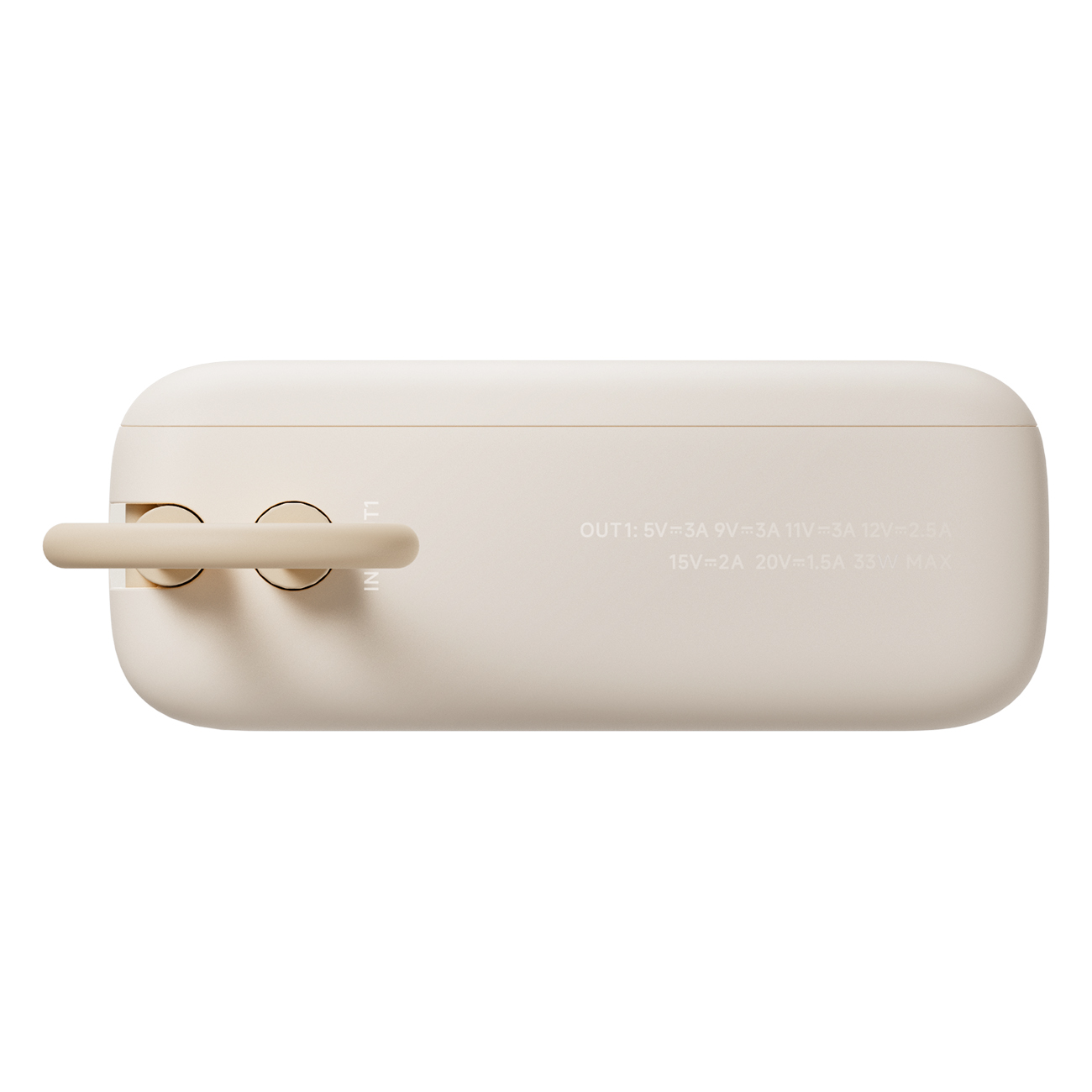 Beżowy power bank z portami wejścia/wyjścia i tekstem, płaski design.