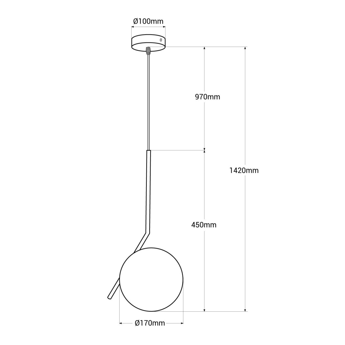 Una lámpara de bola de cristal blanca, con dimensiones y cable colgante negro.