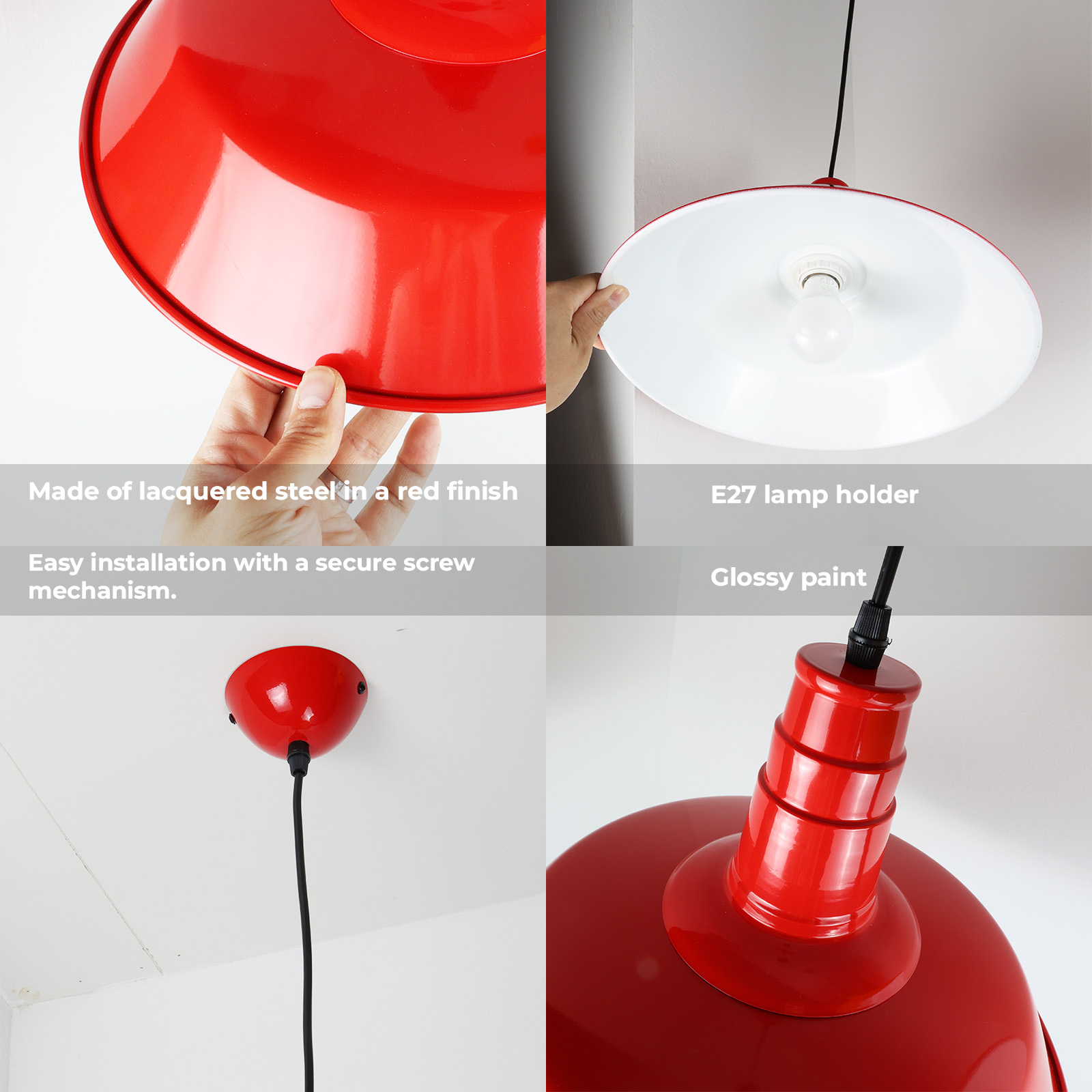 Cuatro imágenes que muestran detalles de una lámpara colgante roja, incluyendo la pintura brillante y el portalámparas.