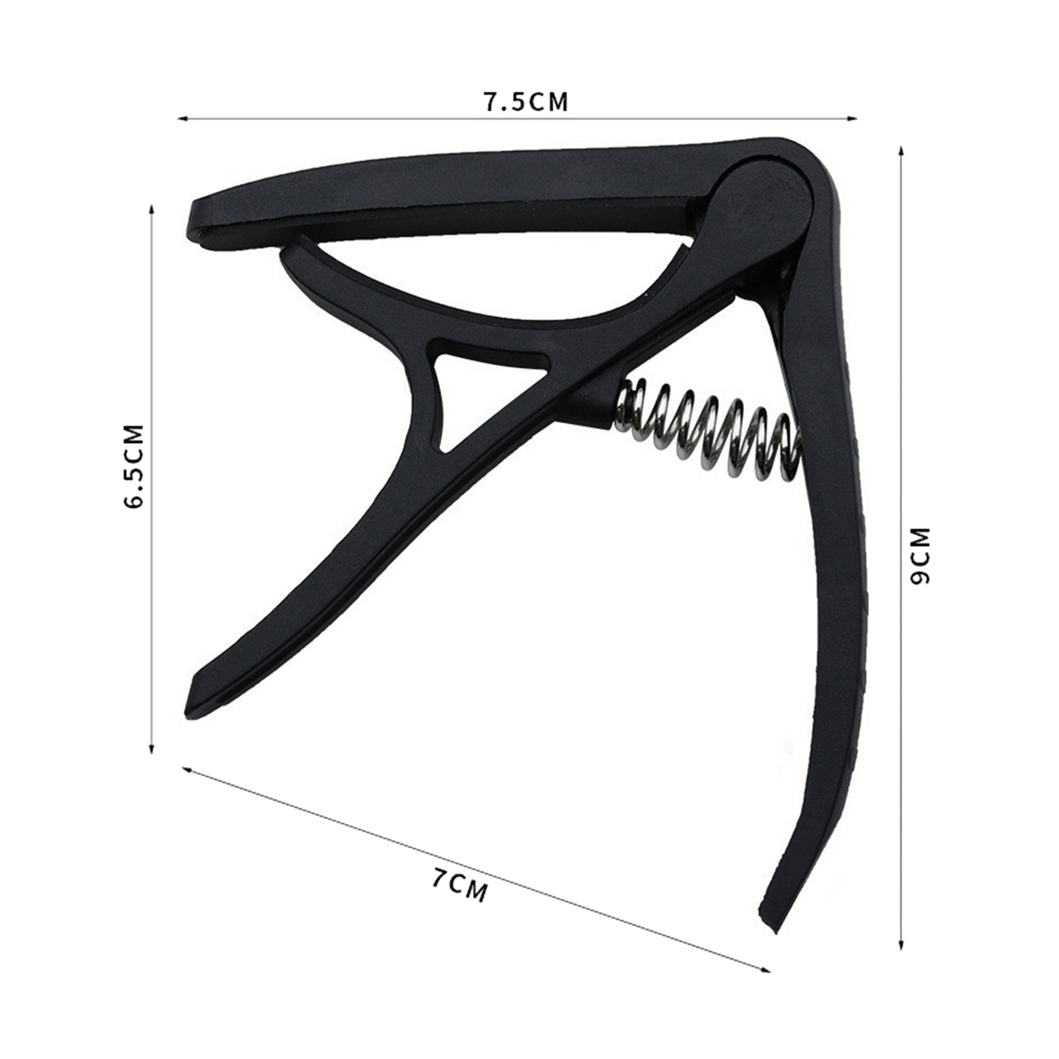 Un cejilla de guitarra negra con dimensiones: 7.5cm, 9cm, 6.5cm y 7cm.