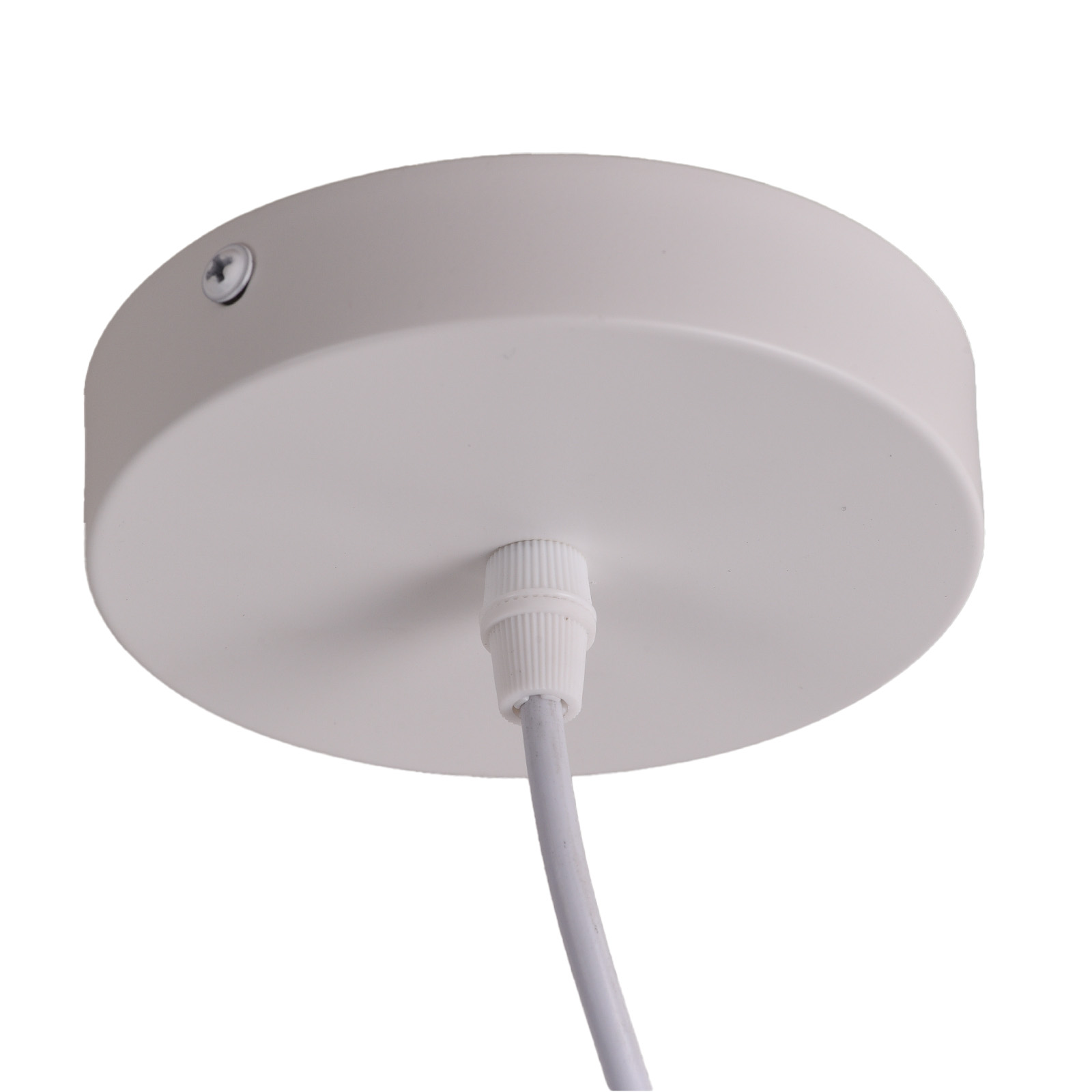 Un soporte de techo blanco para una lámpara colgante, con un tornillo y una conexión de cable visibles.