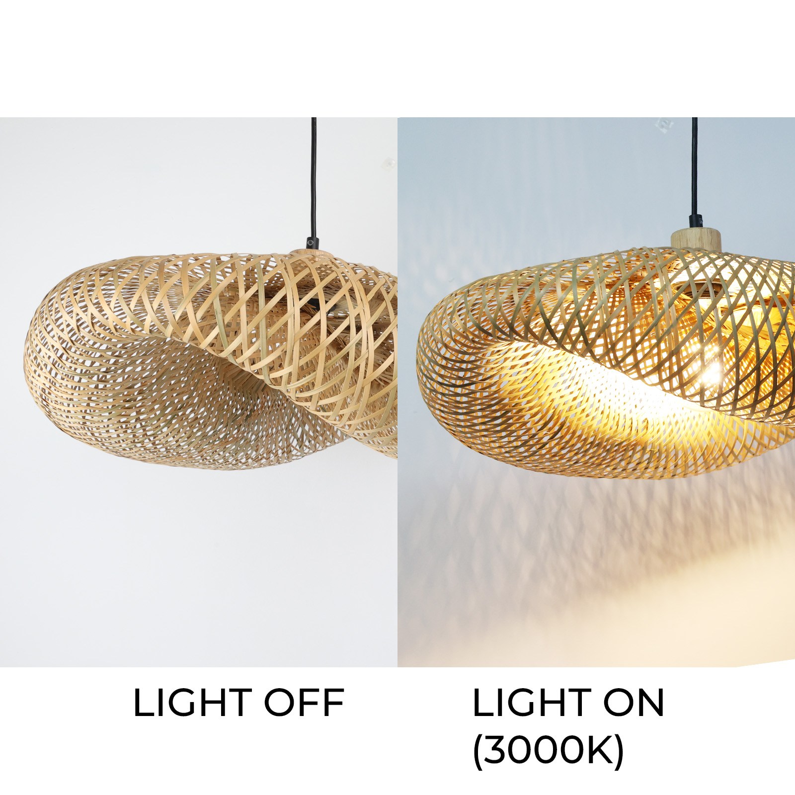 Una lámpara tejida, luz apagada y encendida. La luz encendida es de color cálido 3000K.
