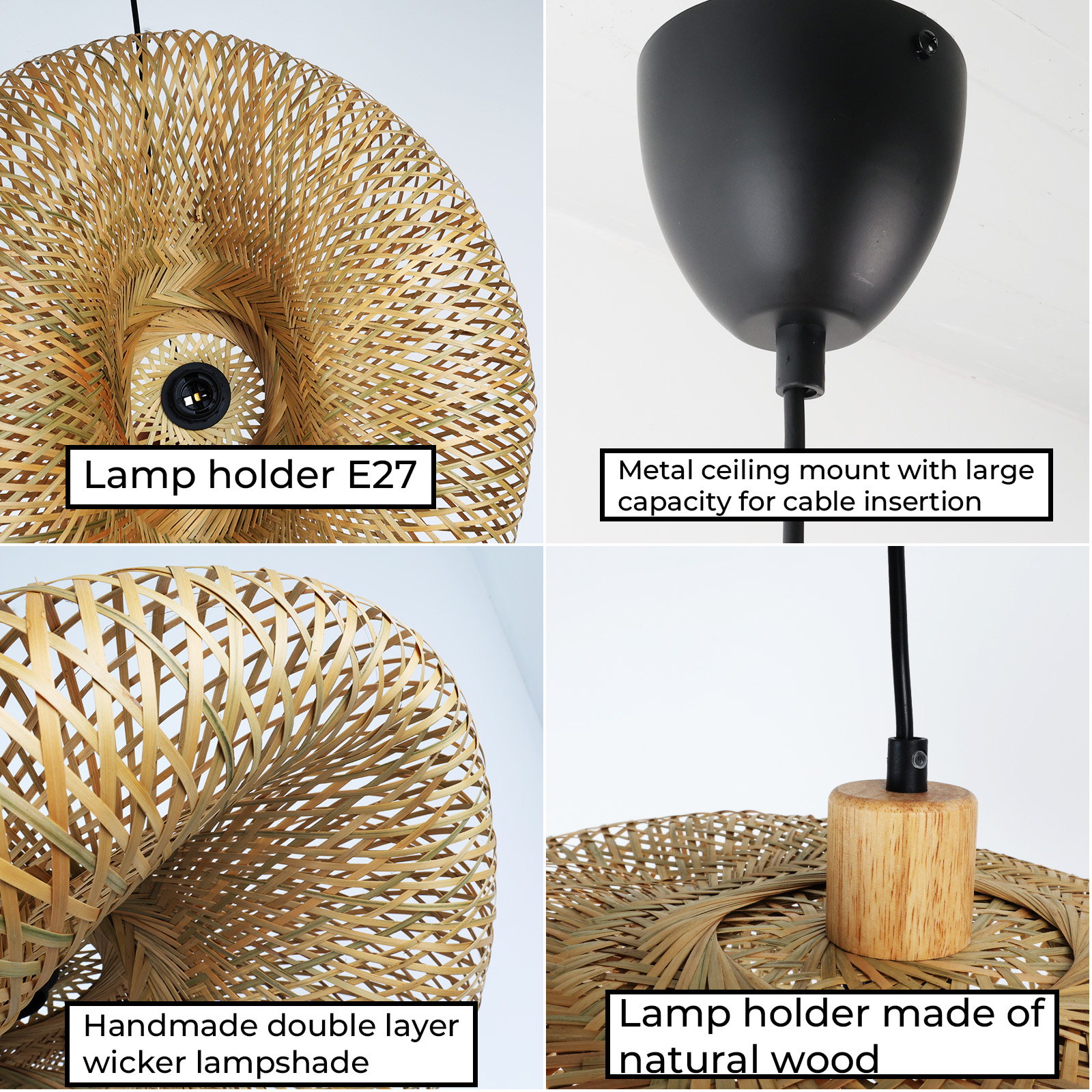 Primer plano de una pantalla de lámpara tejida con un portalámparas E27. La lámpara es de madera natural.