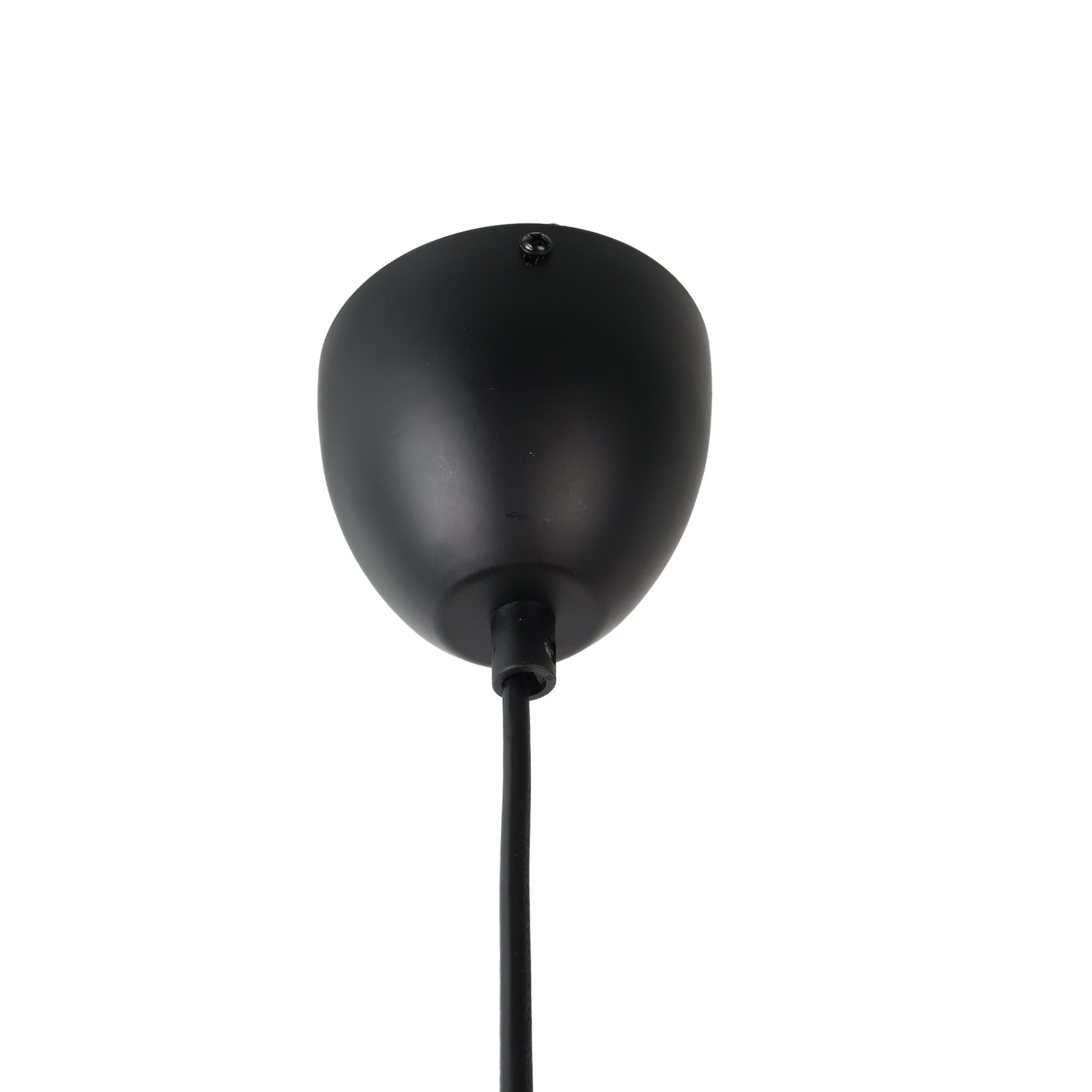 Primer plano de un soporte de techo negro para una lámpara colgante. El cable es negro.