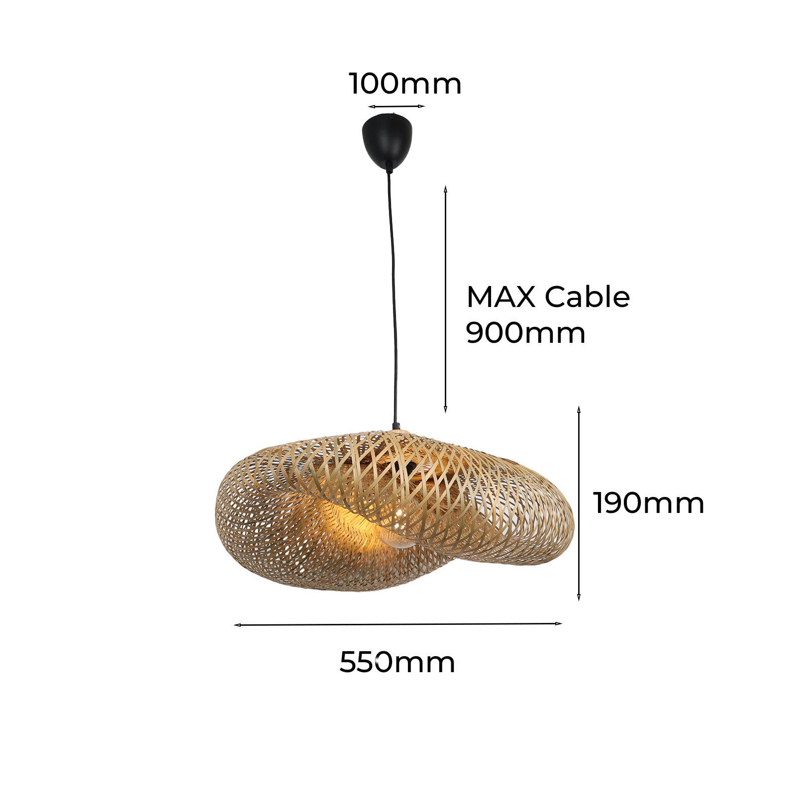 Una lámpara colgante tejida con dimensiones y medidas. La longitud máxima del cable es de 900 mm.