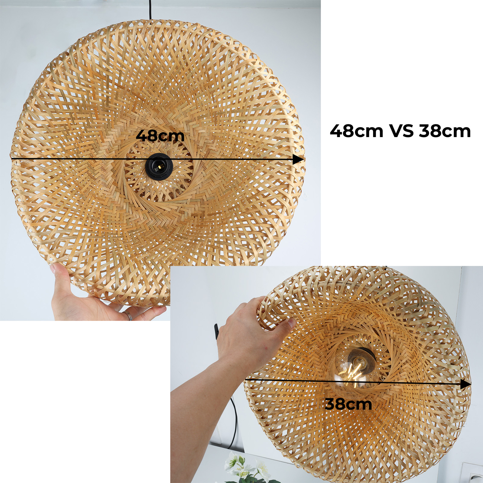 Una pantalla de lámpara tejida, dimensiones 48 cm vs 38 cm. La pantalla de la lámpara la sostiene una persona en la imagen.