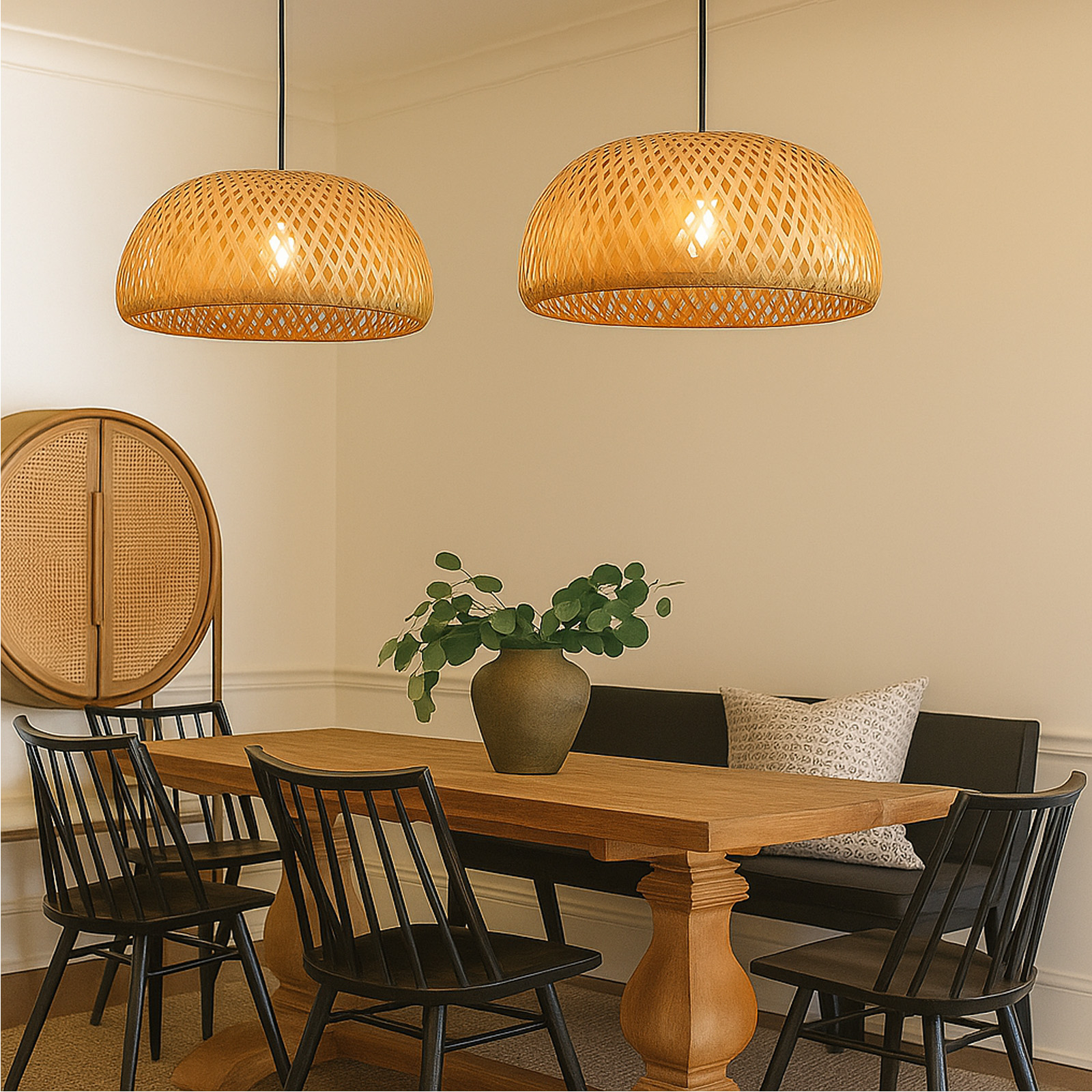 Dos pantallas de lámpara tejidas cuelgan en un comedor, sobre una mesa de madera y sillas negras. La habitación tiene paredes blancas.