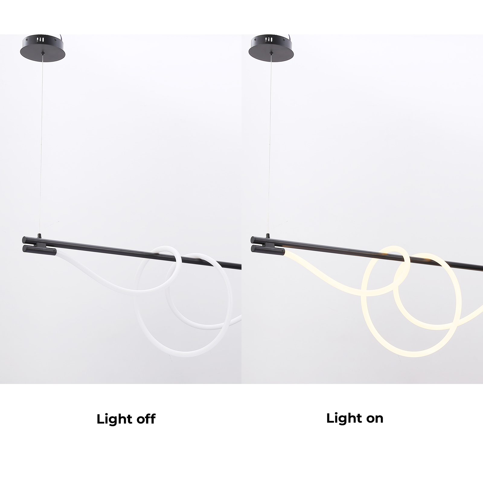 Una moderna lámpara colgante, mostrada con las luces apagadas y encendidas, con un brillo blanco y amarillo.