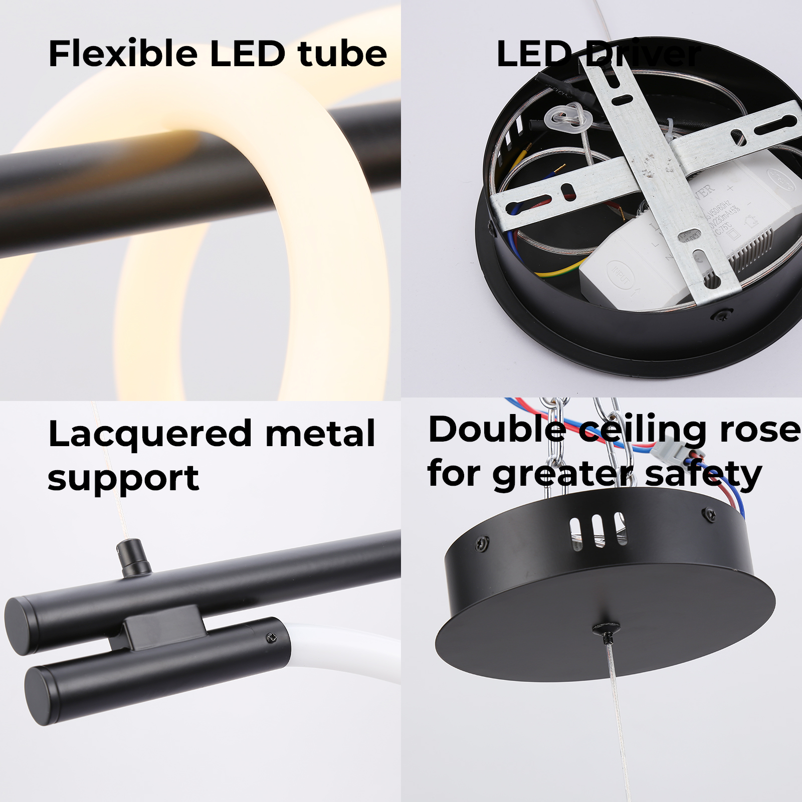 Primer plano de los componentes de una lámpara colgante moderna: tubo LED flexible, controlador LED, soporte metálico lacado y roseta de techo doble.