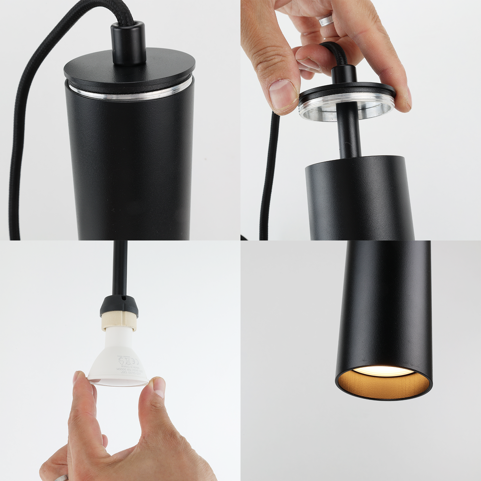 Múltiples imágenes de componentes de lámparas colgantes y pasos de montaje. Tema en blanco y negro.