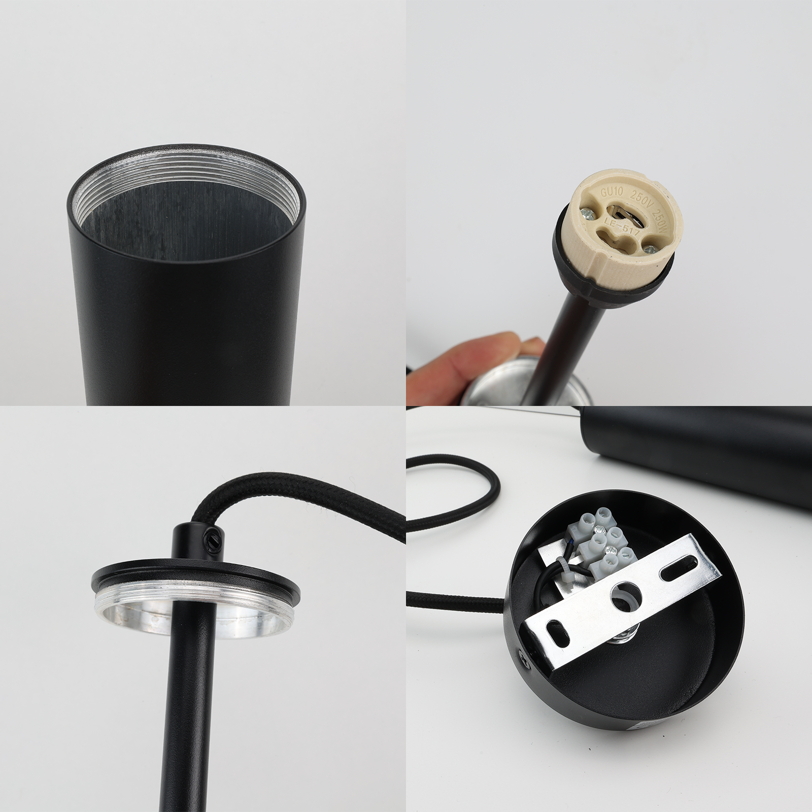 Múltiples imágenes de componentes de lámparas colgantes. Incluye un cable negro, un casquillo y otras piezas.