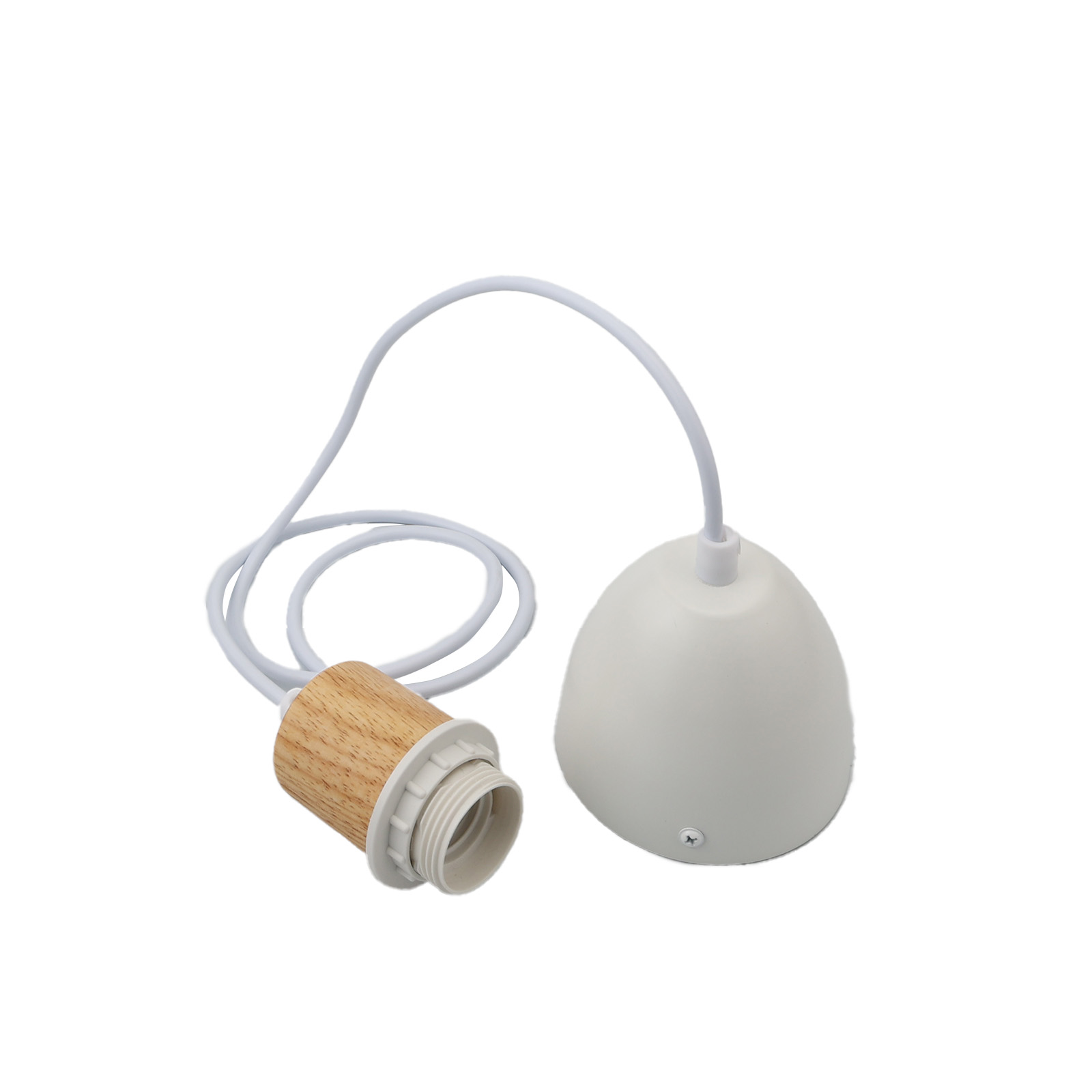 Lámpara colgante blanca con casquillo de madera y cable blanco, sobre fondo blanco.
