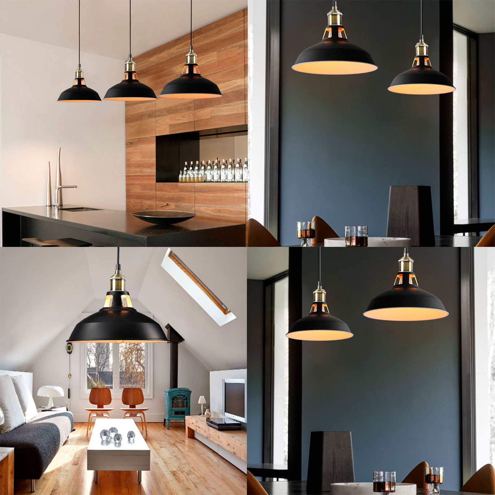 Múltiples imágenes de lámparas colgantes en habitaciones con diferente decoración. Pantallas negras con detalles de latón.