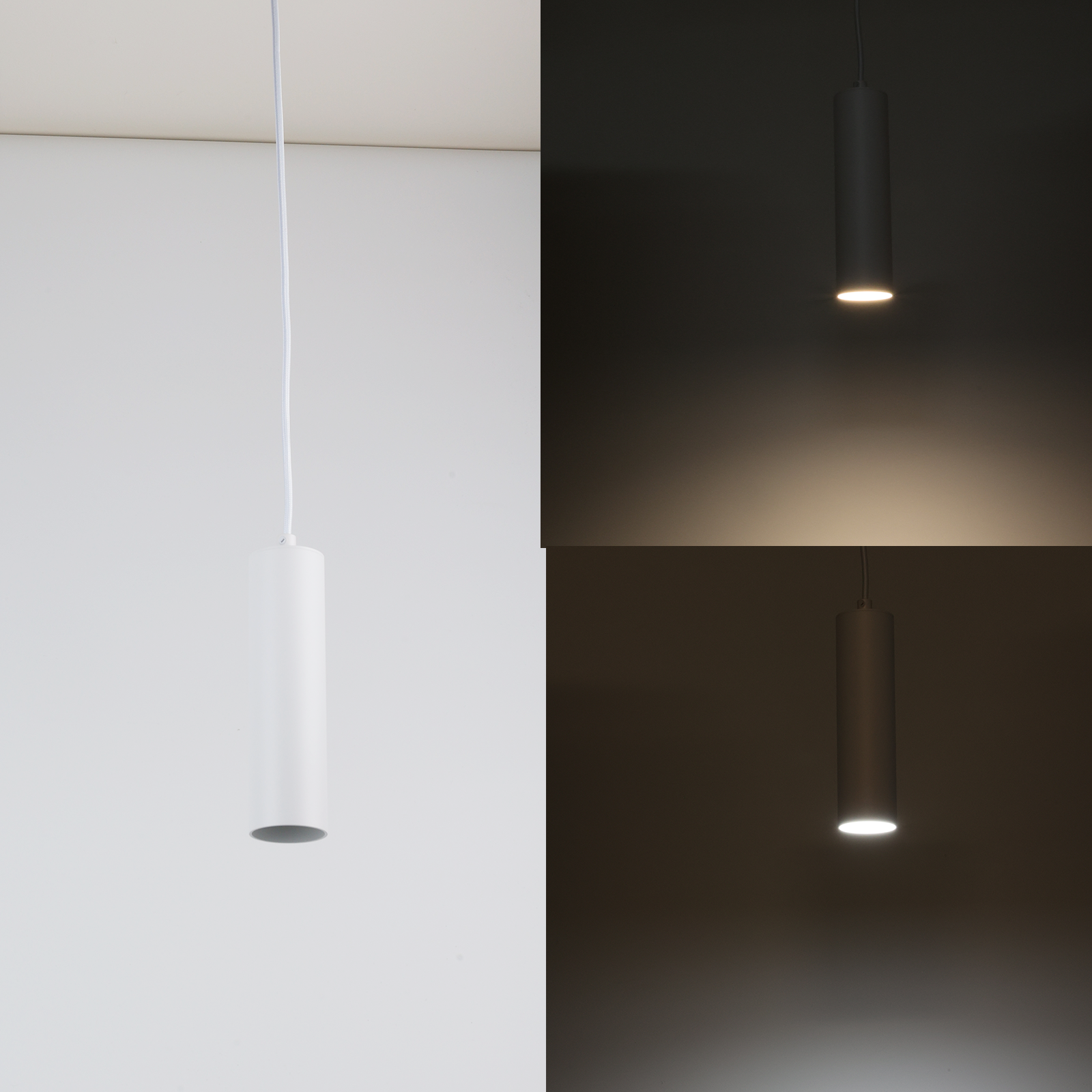 Una lámpara colgante cilíndrica blanca se muestra en tres configuraciones de iluminación diferentes: brillante, tenue y oscura.