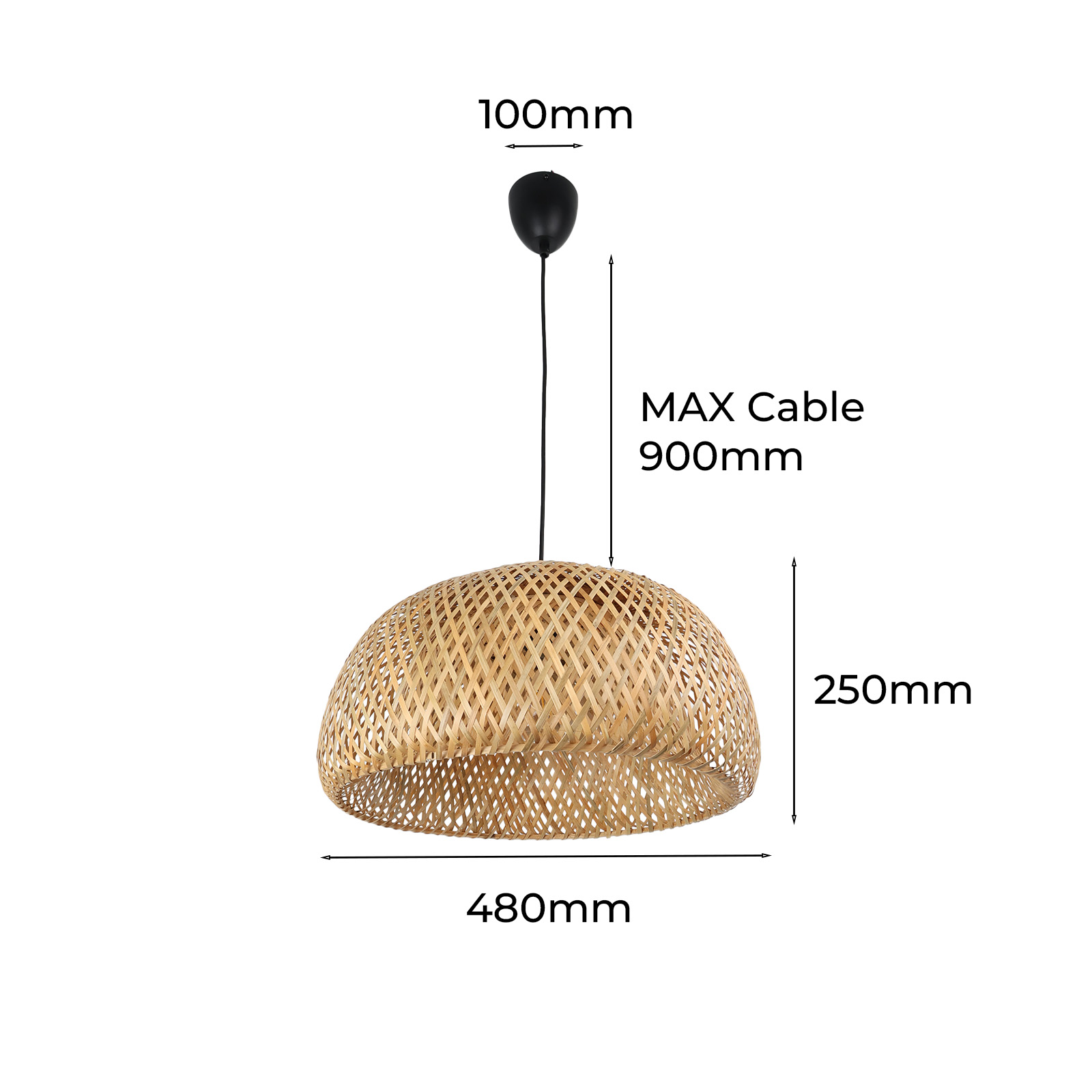 Lámpara colgante con pantalla tejida. Se muestran las dimensiones. La longitud del cable es de 900 mm.