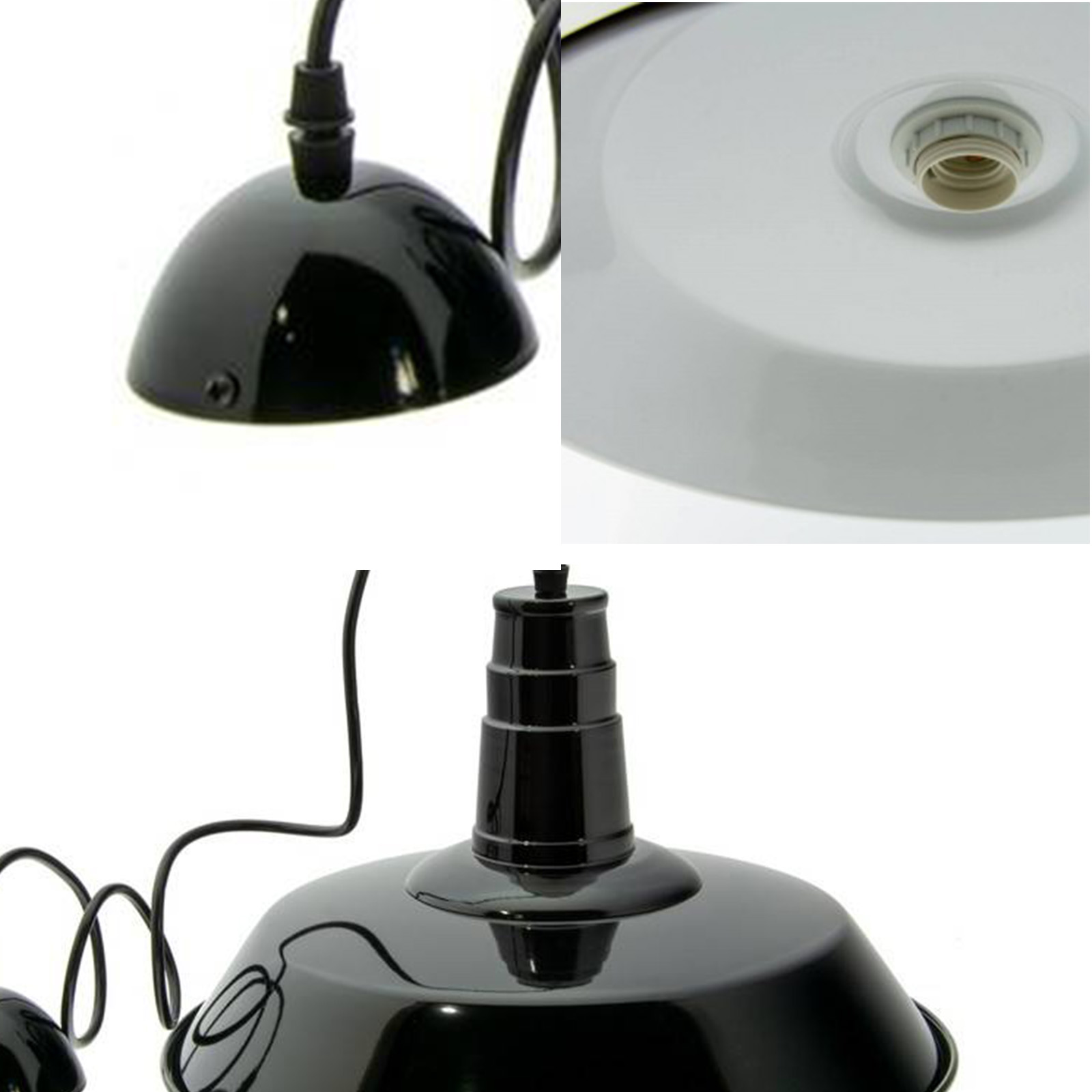Primer plano de los componentes de la lámpara colgante. Incluye la pantalla, la carcasa de la bombilla y las conexiones de los cables, todo negro.