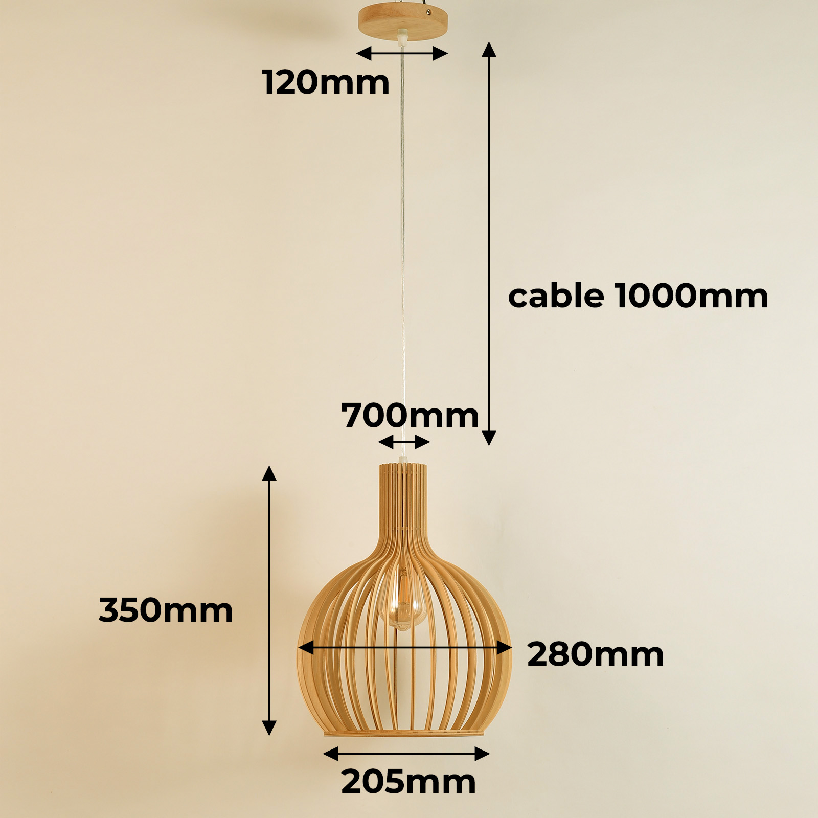 Lámpara colgante de madera con dimensiones. 350 mm altura, 280 mm ancho, 205 mm base, 700 mm arriba.