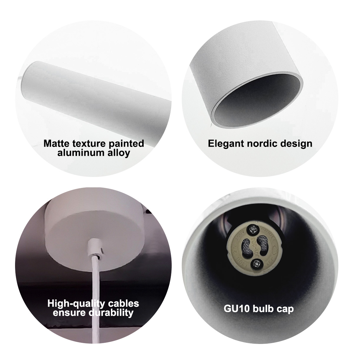 Primer plano de una lámpara colgante cilíndrica blanca que muestra diferentes características: textura, diseño y cables.
