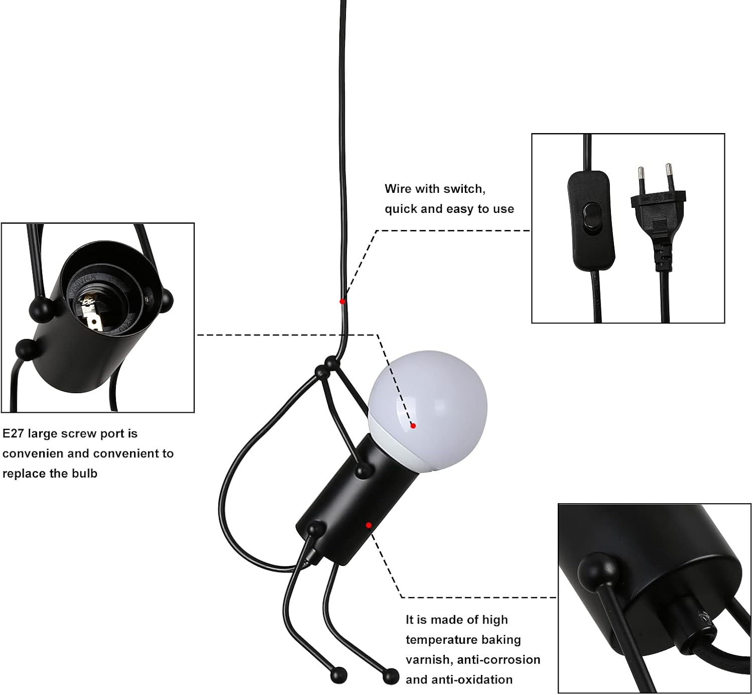Una lámpara negra en forma de persona con una bombilla. Se muestra el cable, el interruptor y el enchufe.