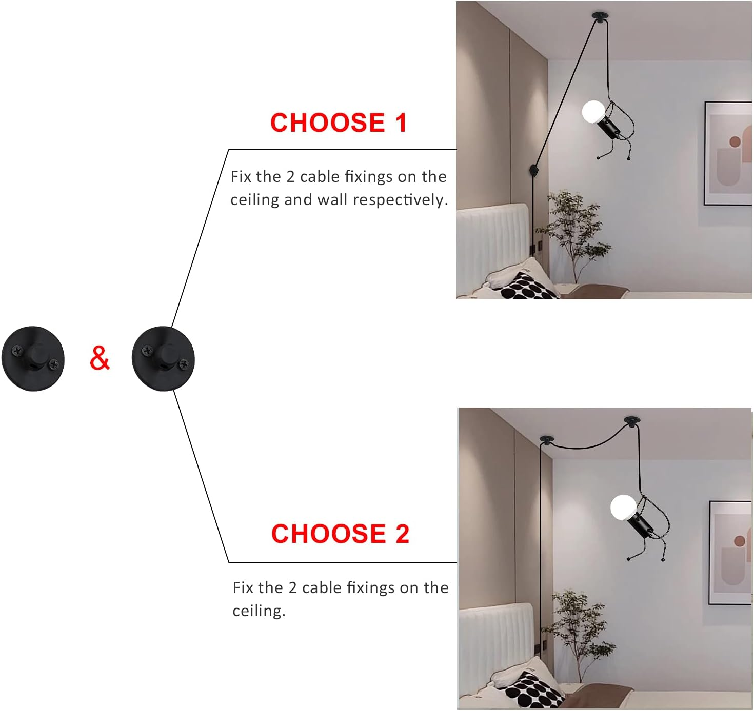 Dos diagramas que muestran cómo instalar una lámpara negra en forma de persona.