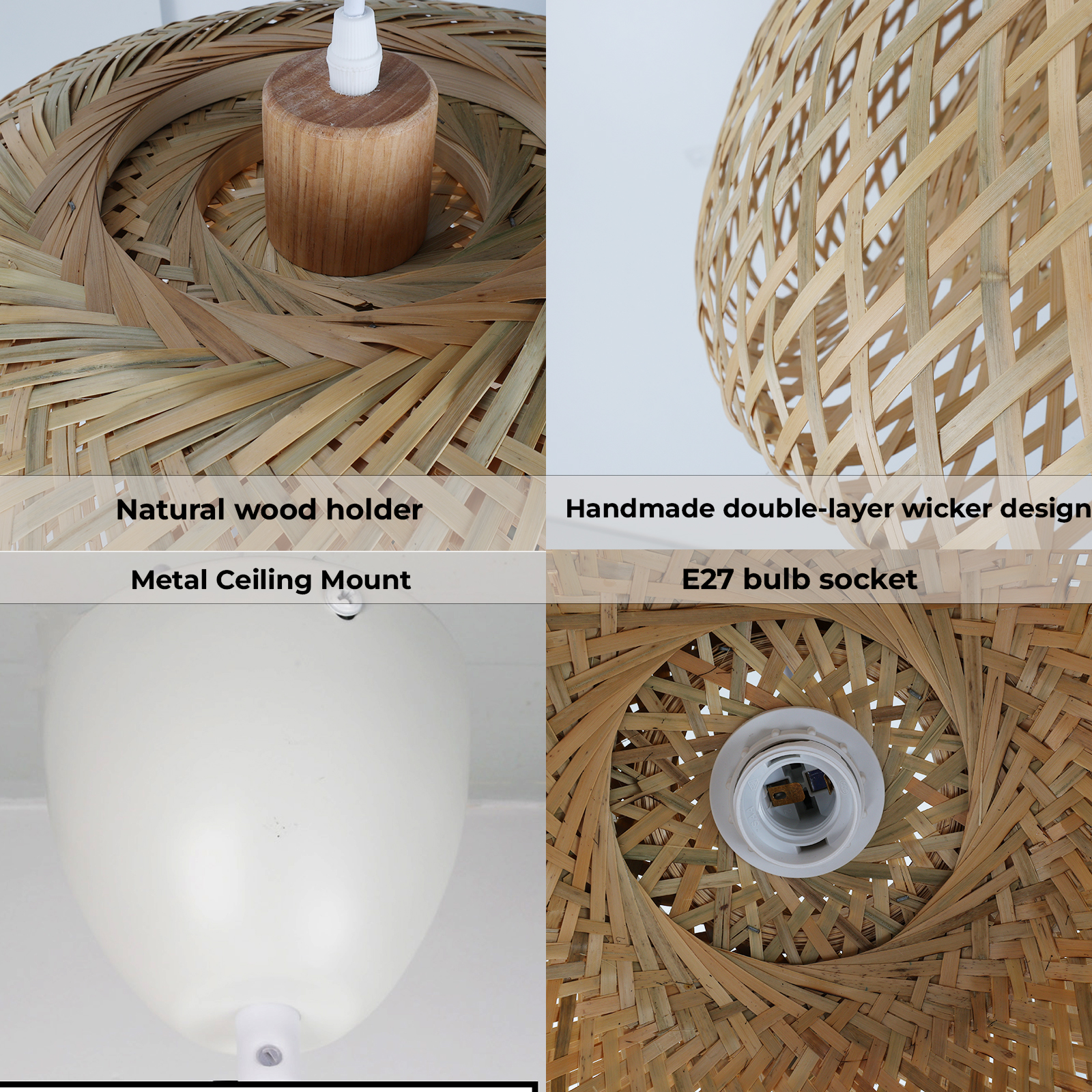Primeros planos de un bambú: soporte de madera, diseño de mimbre de doble capa, montaje de metal y casquillo E27.