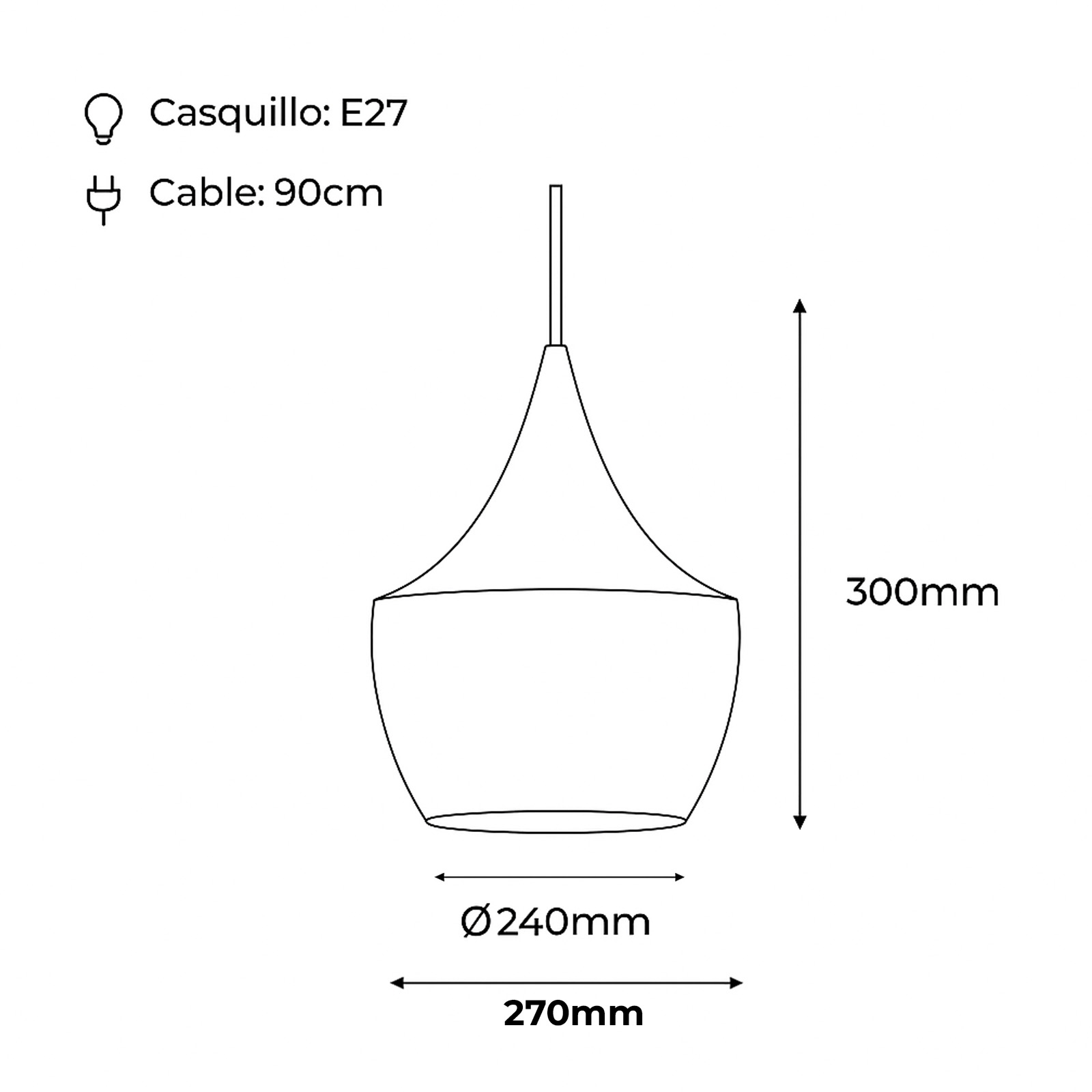 Un diagrama de una lámpara colgante negra con dimensiones y especificaciones (casquillo E27, cable de 90 cm).