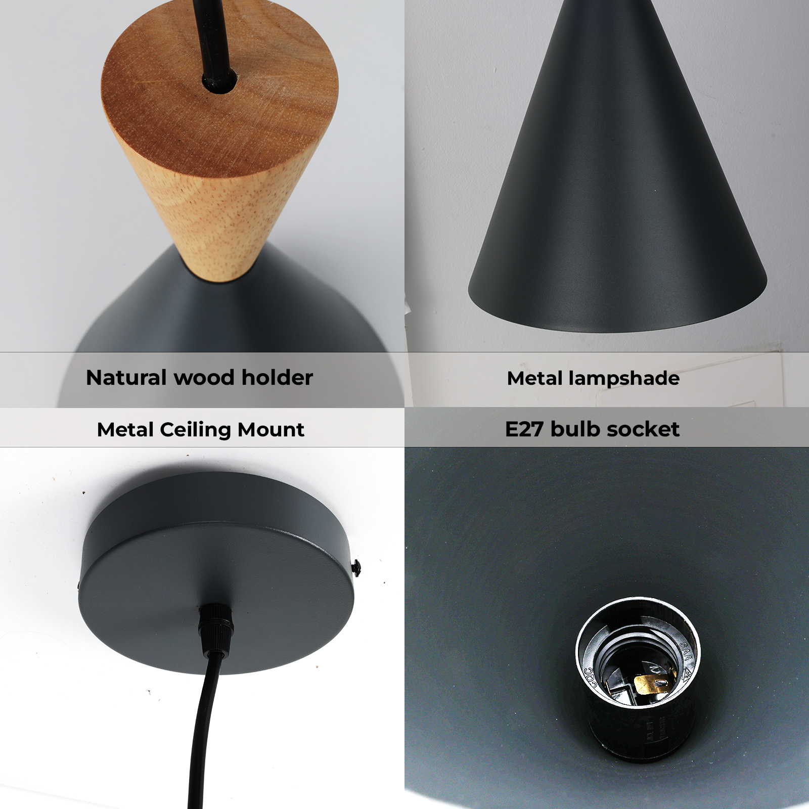 Primer plano de partes de lámpara: soporte de madera, pantalla negra, montaje metálico y portalámparas E27.